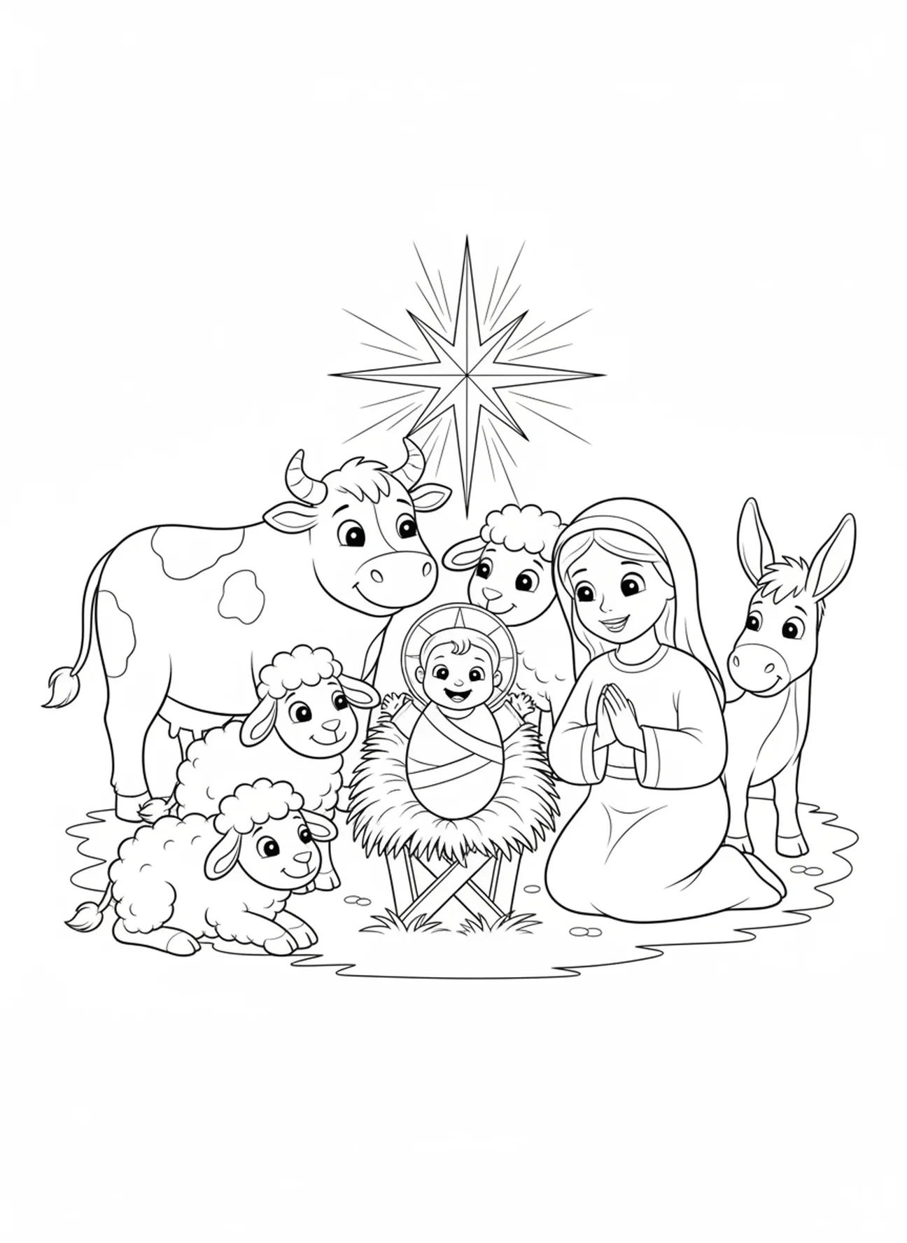 Escena del pesebre con animales, página para colorear del Niño Jesús en brazos de María para niños de 5 a 10 años