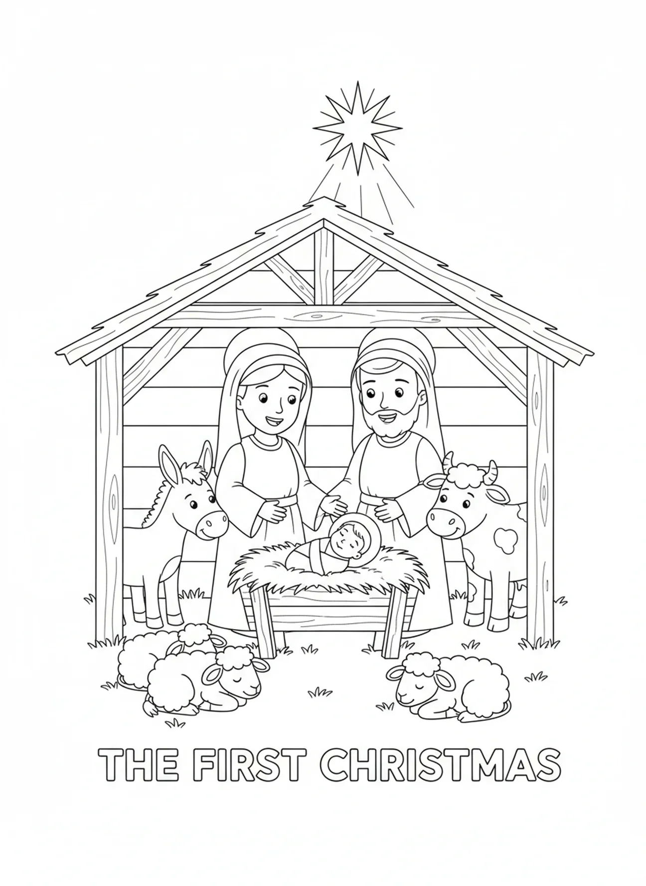 María y José sonriendo al Niño Jesús, página para colorear de María sosteniendo al Niño Jesús para niños de 5 a 10 años