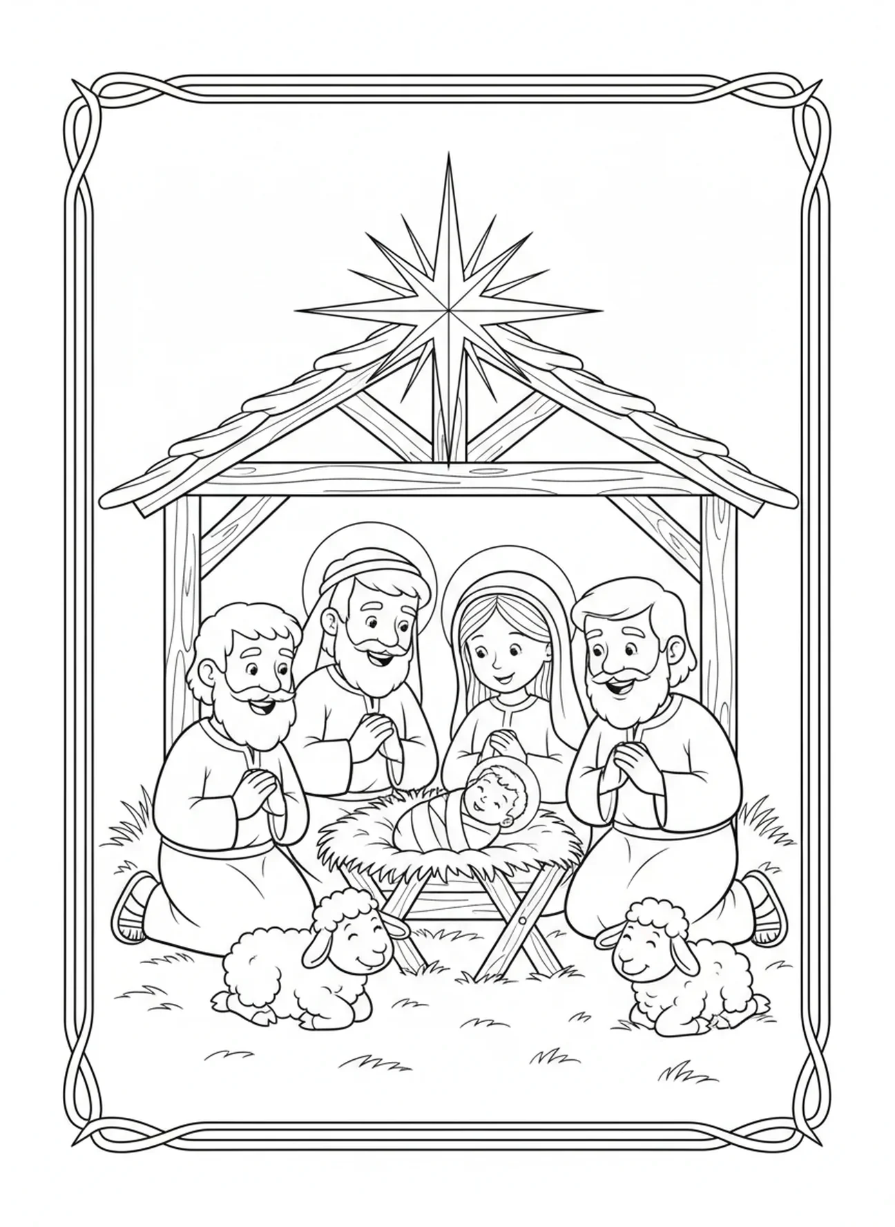 Pastores alegres y ovejas, María sosteniendo al Niño Jesús, página para colorear para niños de 5 a 10 años