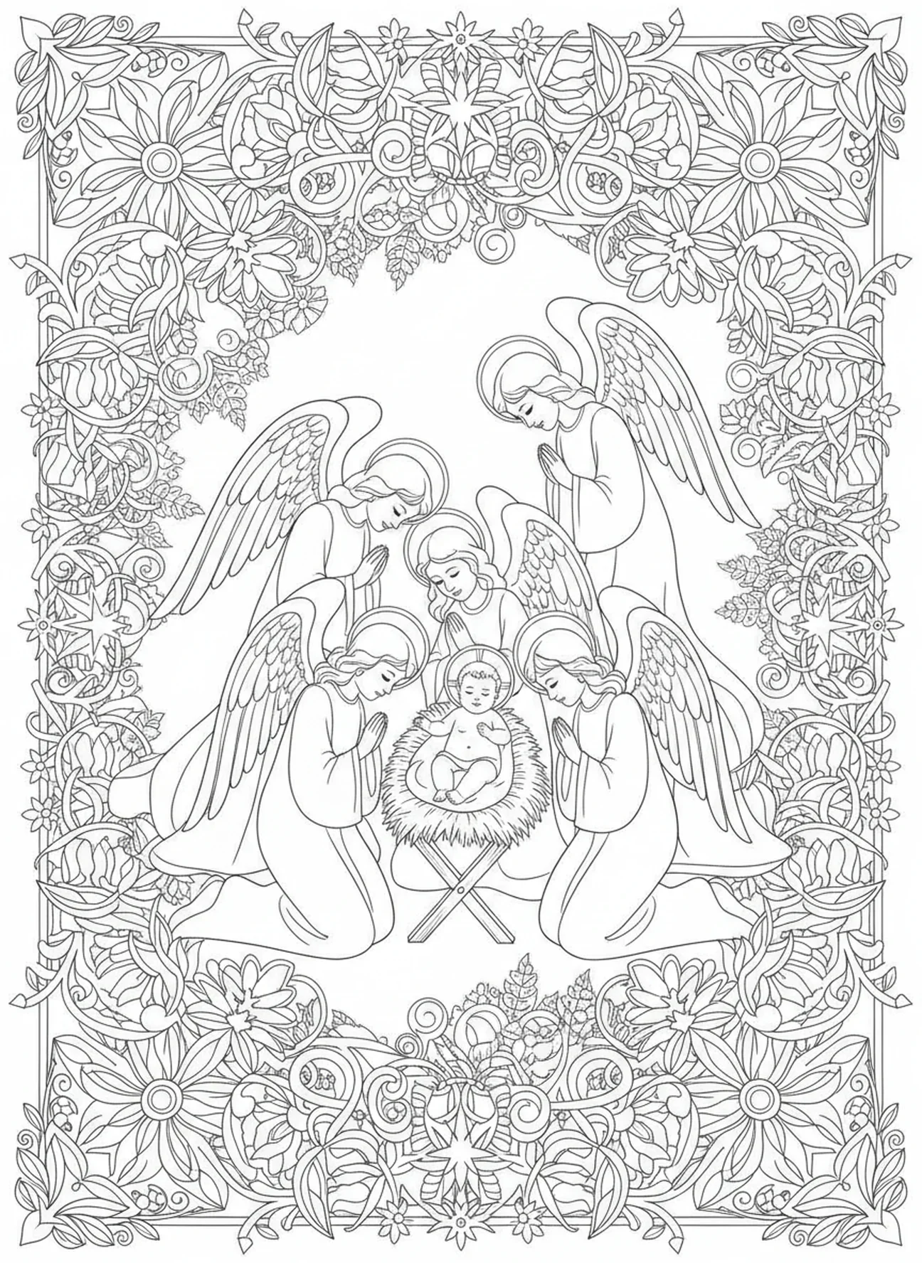 Engel verehren das Jesuskind, Ausmalbild für Erwachsene im Bibel-Journaling-Stil.