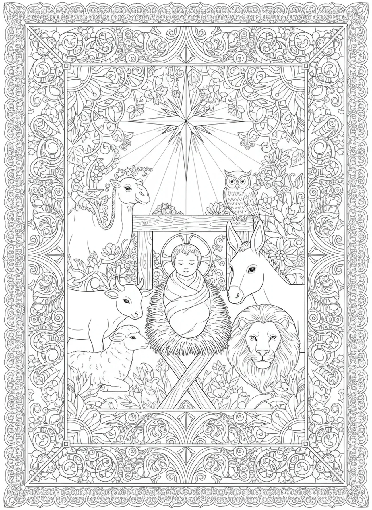 Tiere versammeln sich um das Jesuskind, Ausmalbild für Erwachsene im Stil des Bibel-Journalings.