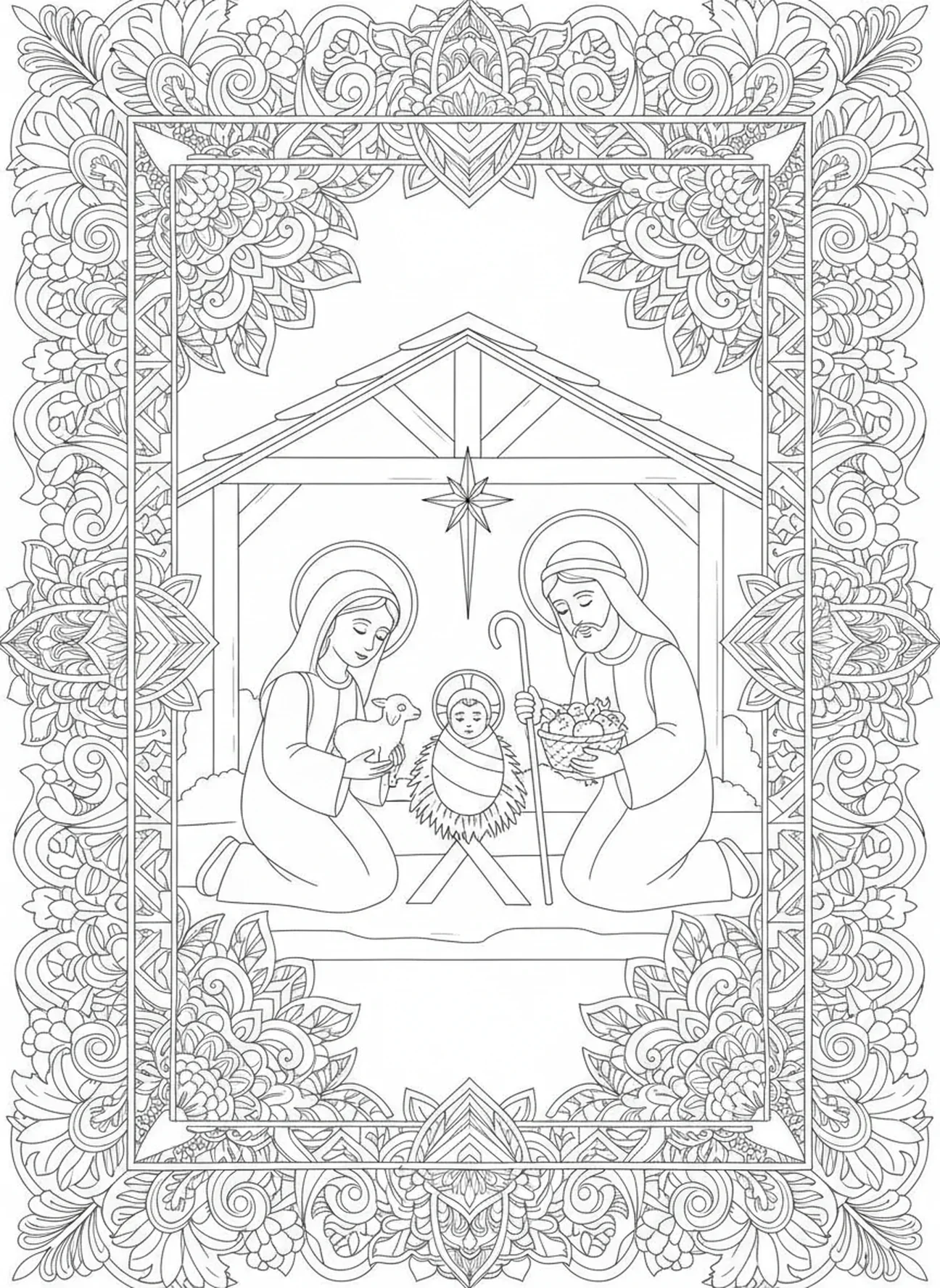 Hirten nähern sich dem Baby Jesus, Ausmalbild für Erwachsene im Stil des Bibel-Journalings.