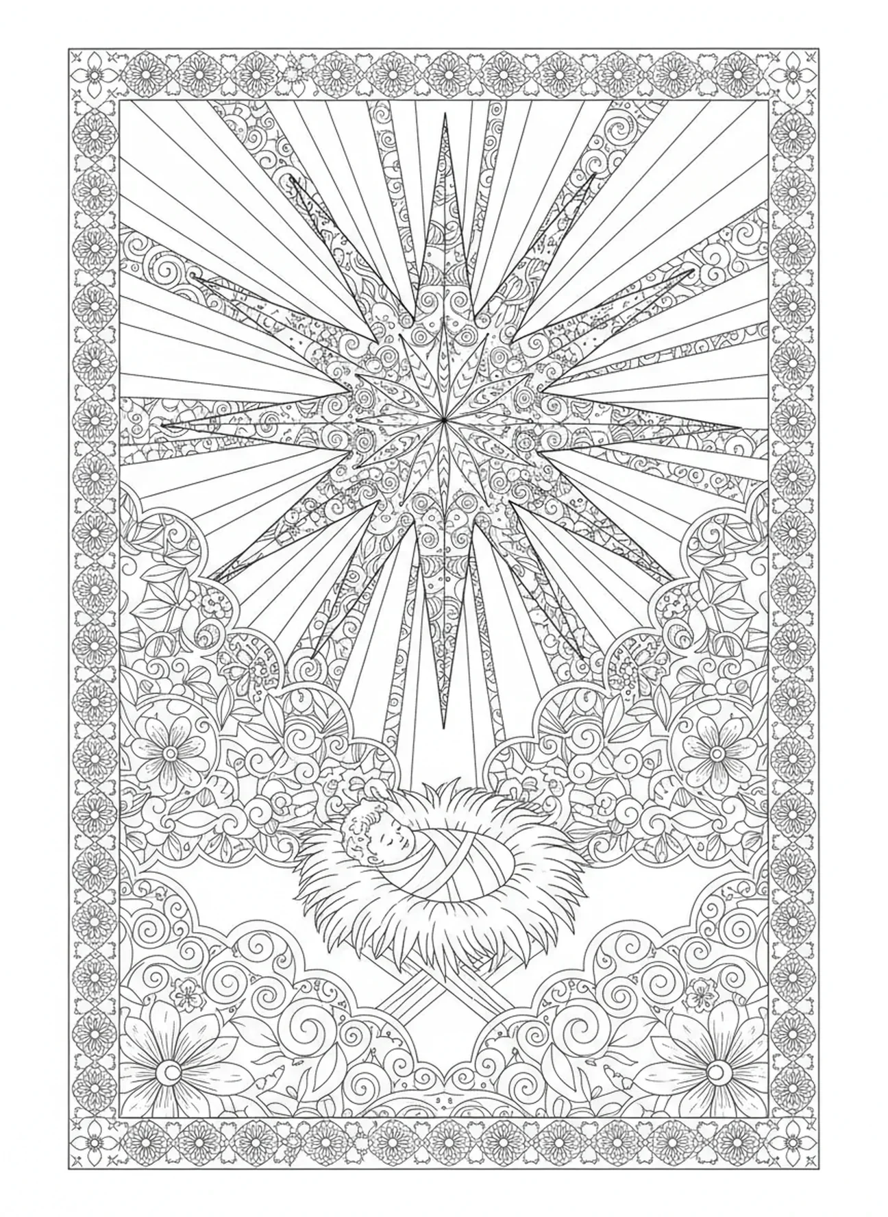 Stern, der das Jesuskind führt, Ausmalbild für Erwachsene im Bibel-Journaling-Stil.
