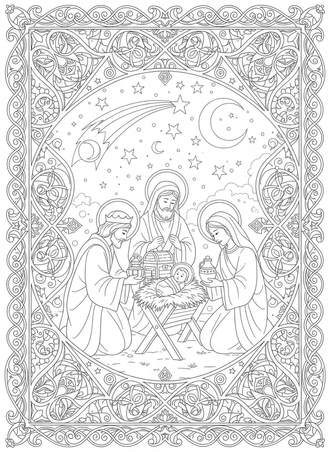 Die Weisen besuchen das Jesuskind, Ausmalbild für Erwachsene im Stil des Bibel-Journaling.