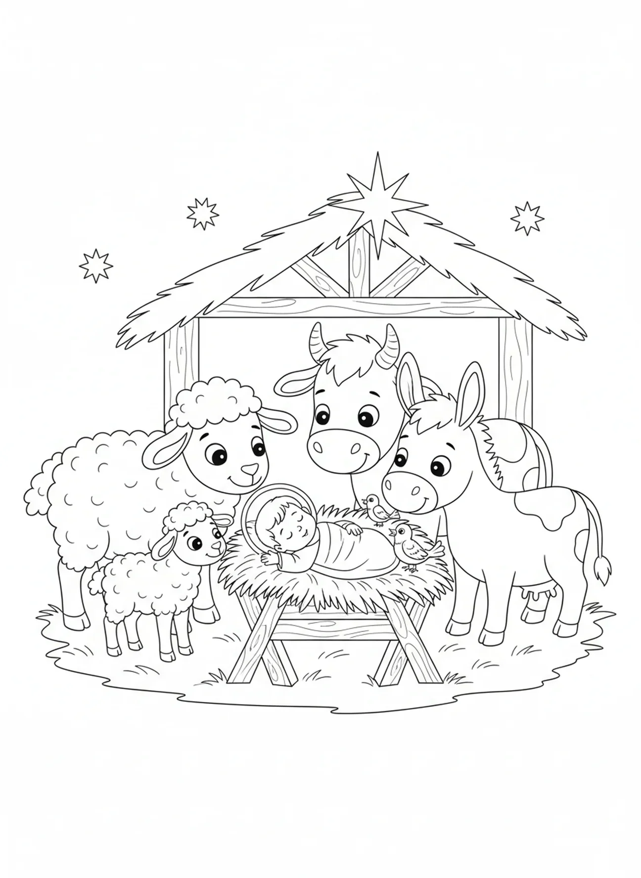 Animais ao redor da manjedoura, página para colorir do Bebê Jesus para crianças de 5 a 10 anos