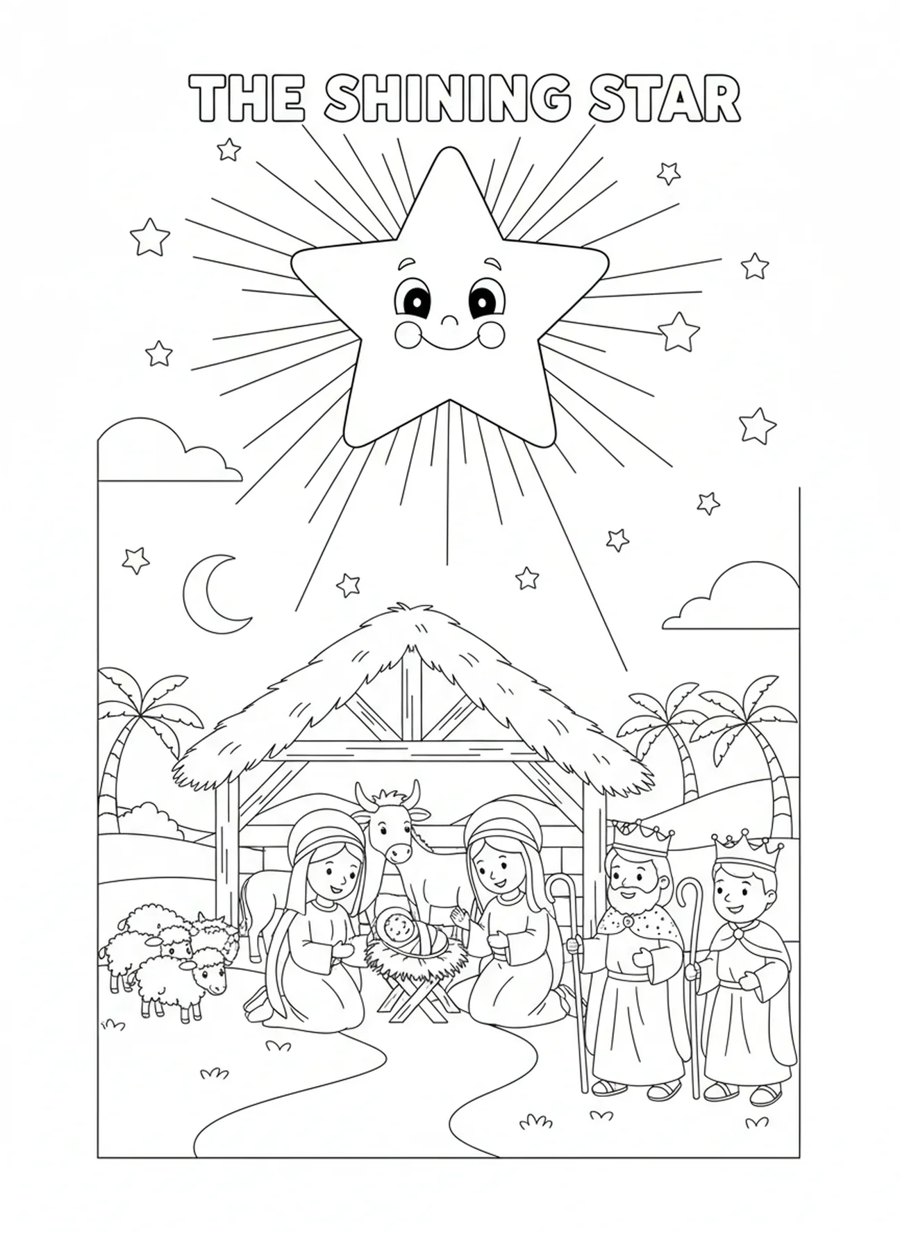 Estrela brilhante guiando, página para colorir do Bebê Jesus para crianças de 5 a 10 anos