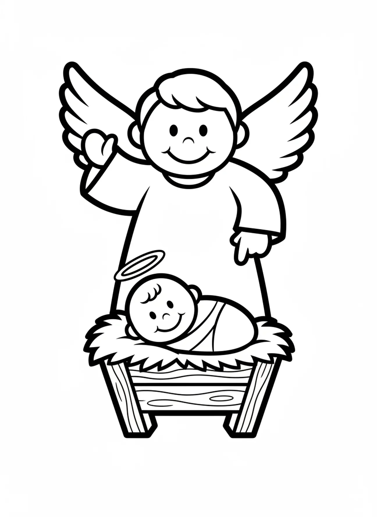 Lächelnder Engel oben, Ausmalbild von Baby Jesus für Vorschulkinder im Alter von 3-5 Jahren