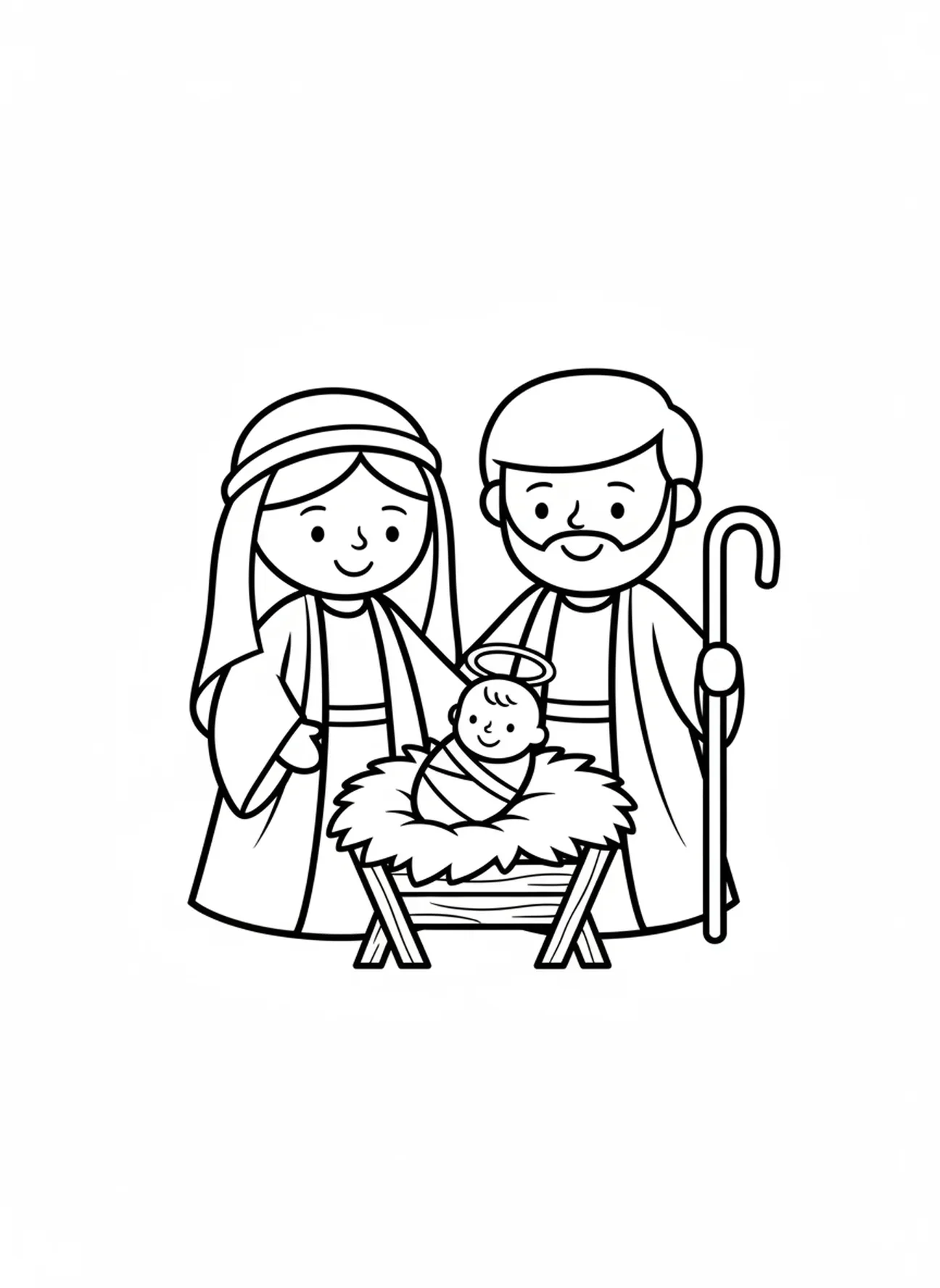 Maria und Josef lächeln, Ausmalbild von Baby Jesus für Vorschulkinder im Alter von 3-5 Jahren