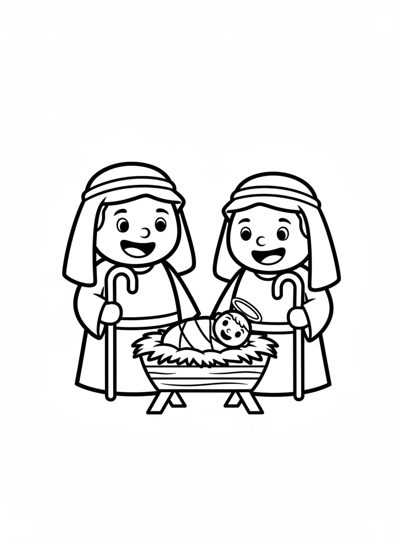 Zwei lächelnde Hirten, Ausmalbild von Baby Jesus für Vorschulkinder im Alter von 3-5 Jahren