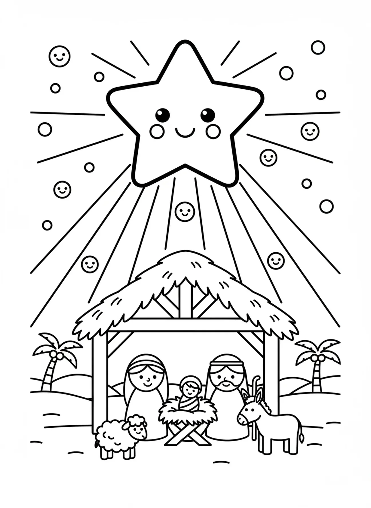 Leuchtender Stern am Himmel, Ausmalbild von Baby Jesus für Vorschulkinder im Alter von 3-5 Jahren
