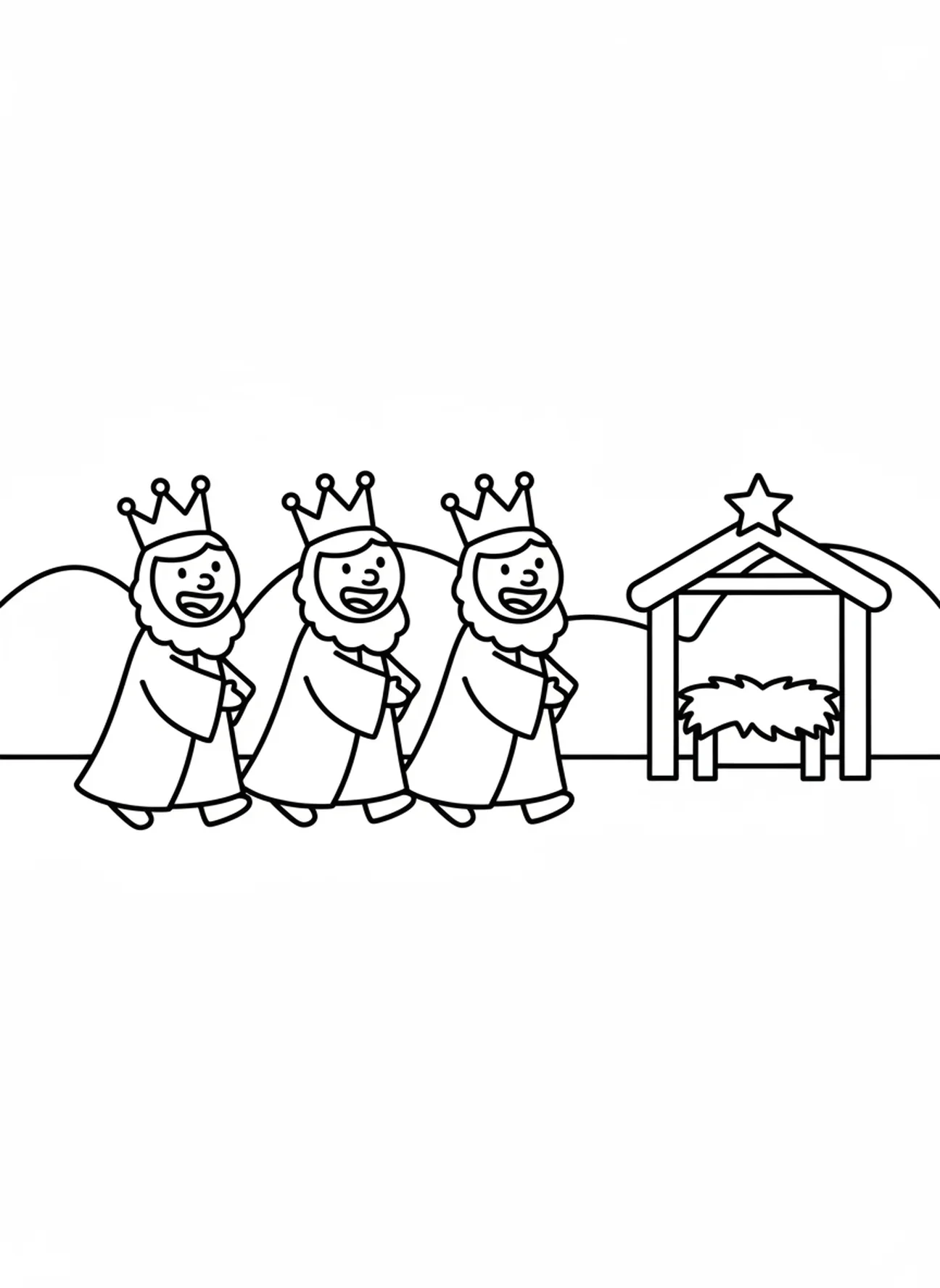 Drei lächelnde Weisen, Ausmalbild von Baby Jesus für Vorschulkinder im Alter von 3-5 Jahren