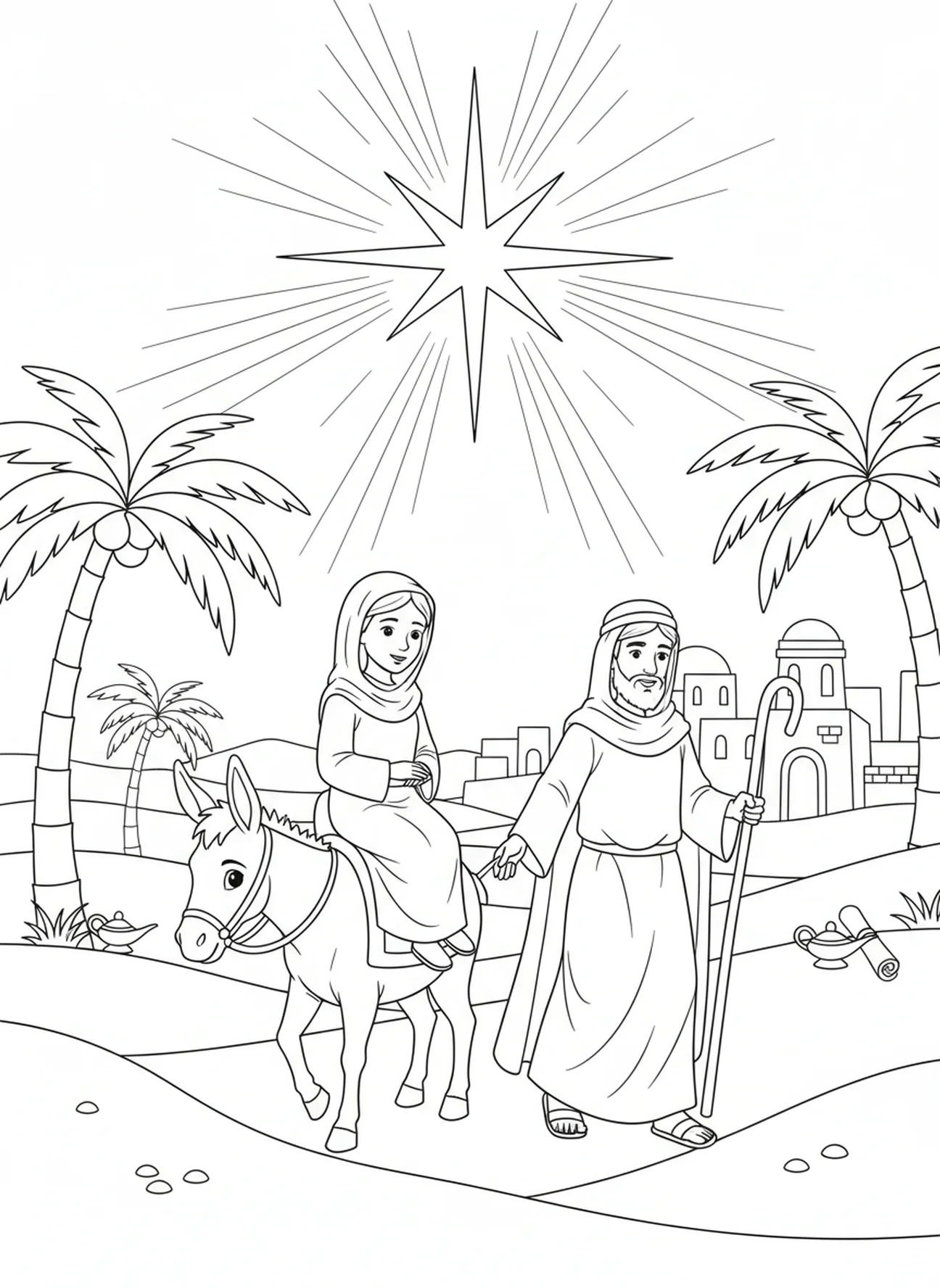 Maria e José em um burro, página de colorir do Bebê Jesus para crianças da Escola Dominical de 5 a 12 anos