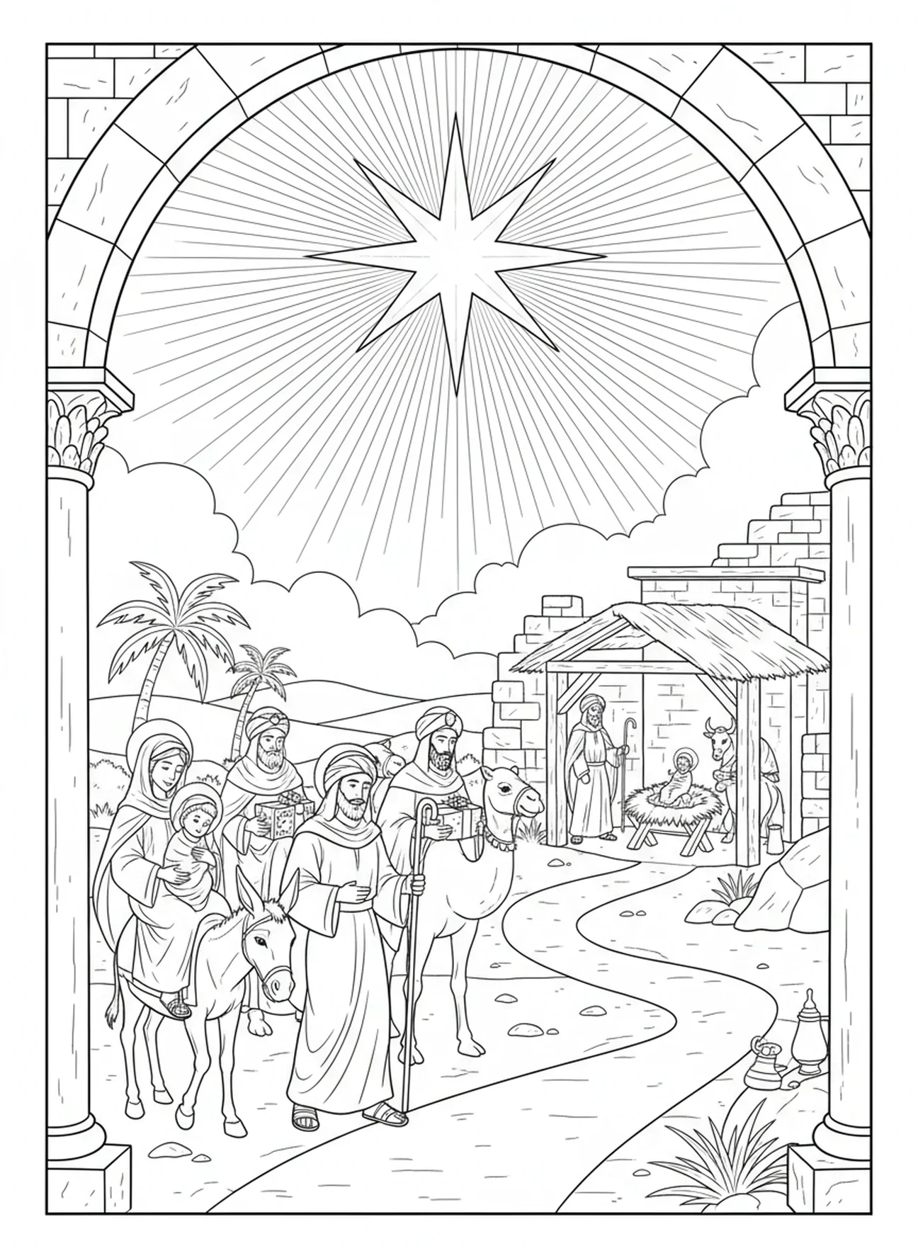 Estrela brilhante no céu noturno, página para colorir do Menino Jesus para crianças da Escola Dominical de 5 a 12 anos