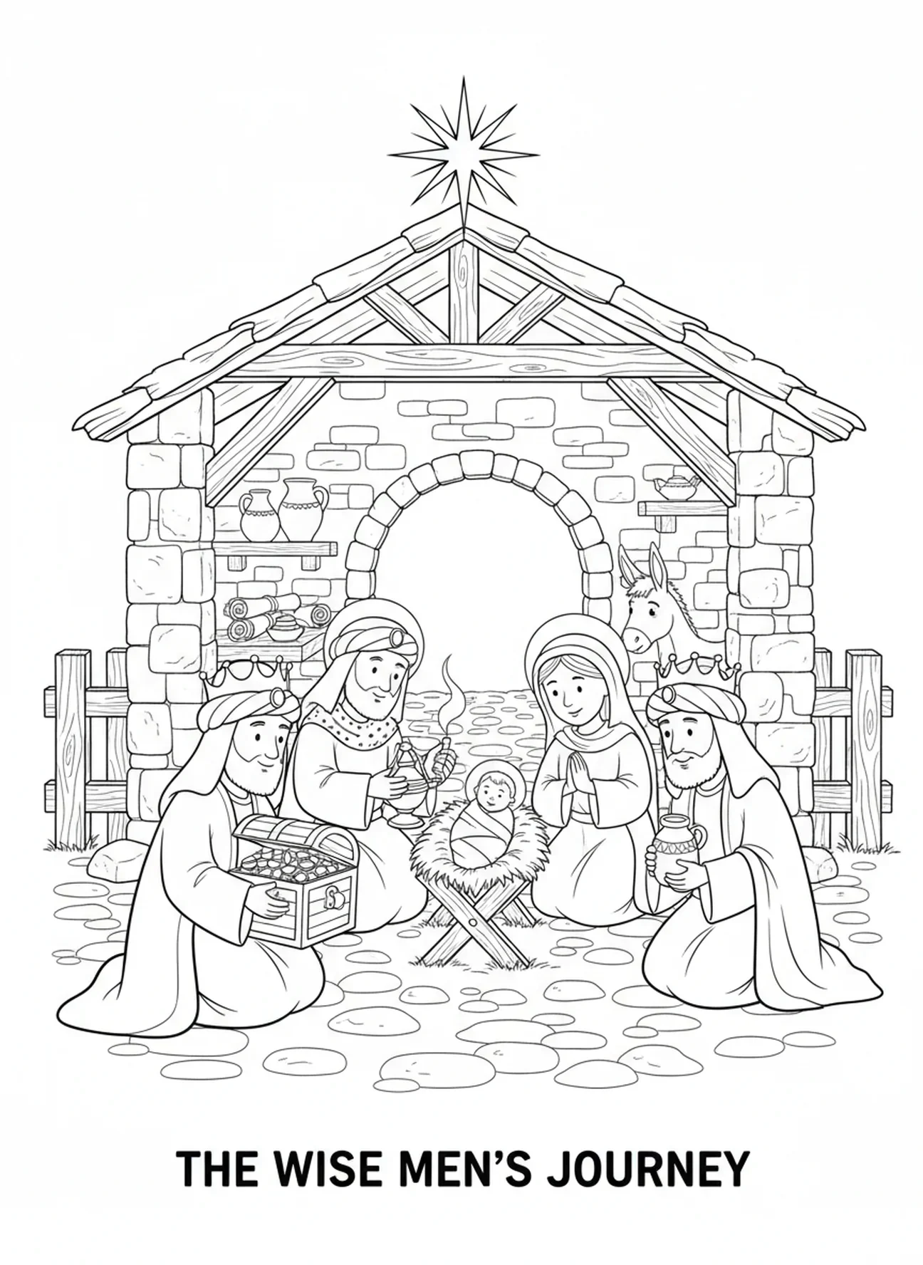 Três sábios com presentes, página para colorir do Bebê Jesus para crianças da Escola Dominical de 5 a 12 anos