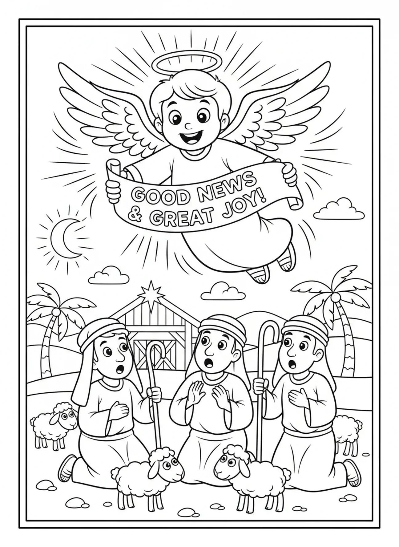 Ángel anunciando el nacimiento, página para colorear de Belén para niños de 5 a 10 años.