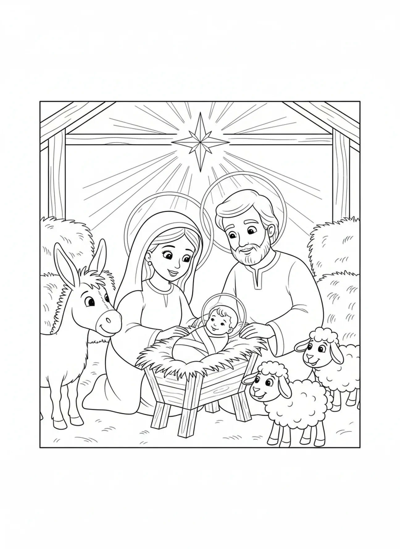 María y José en el pesebre, página para colorear de Belén para niños de 5 a 10 años.