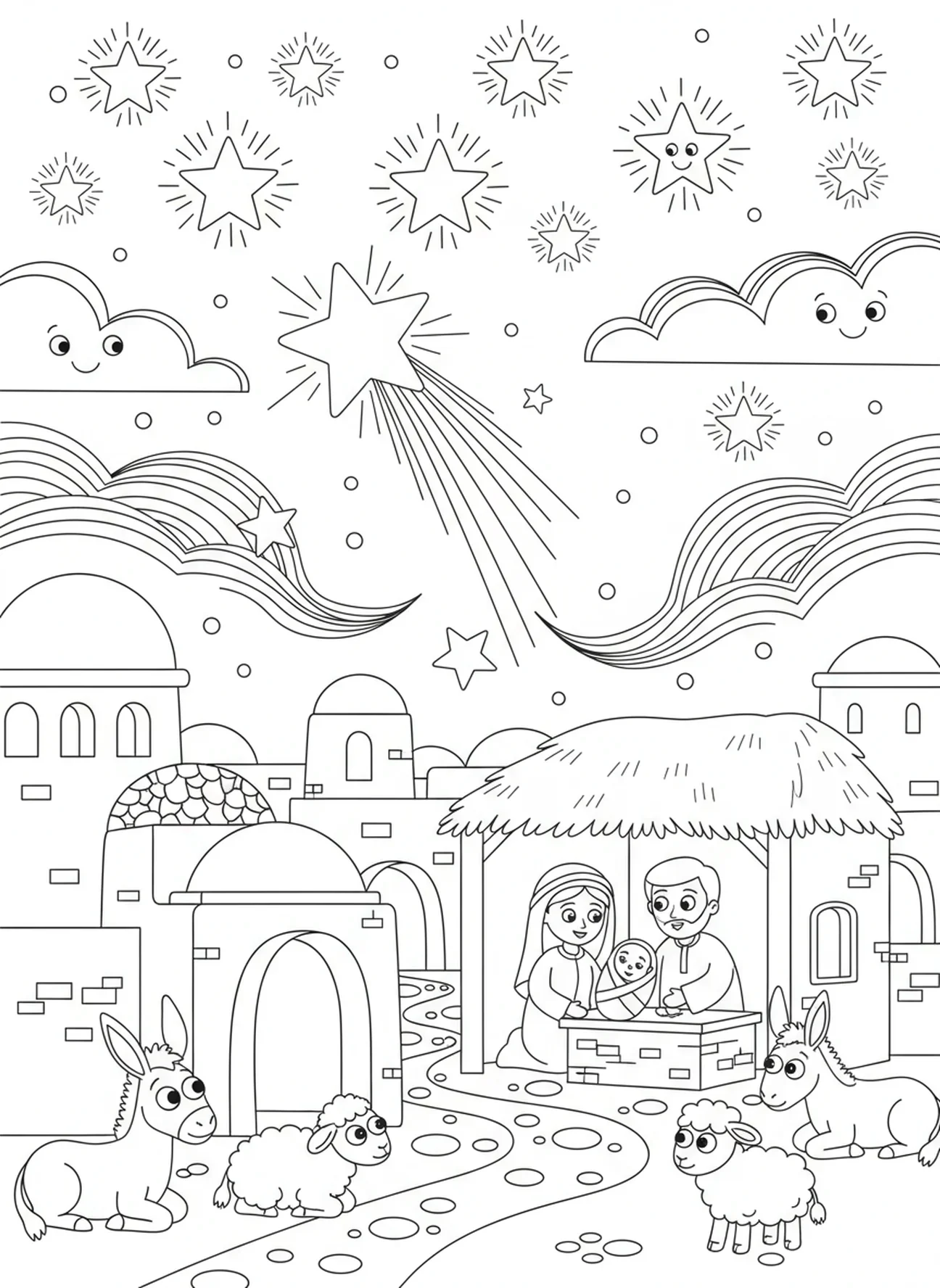 Estrellas brillando sobre Belén, página para colorear de la ciudad de Belén para niños de 5 a 10 años.