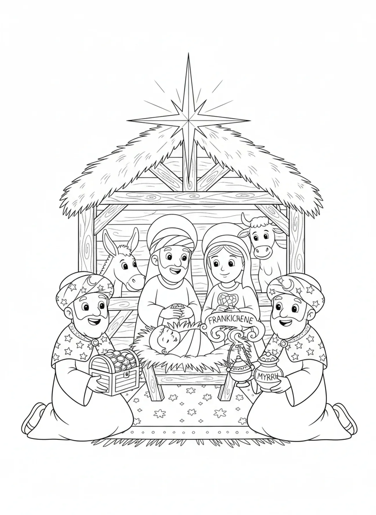 Tres Reyes Magos trayendo regalos, página para colorear de Belén para niños de 5 a 10 años.
