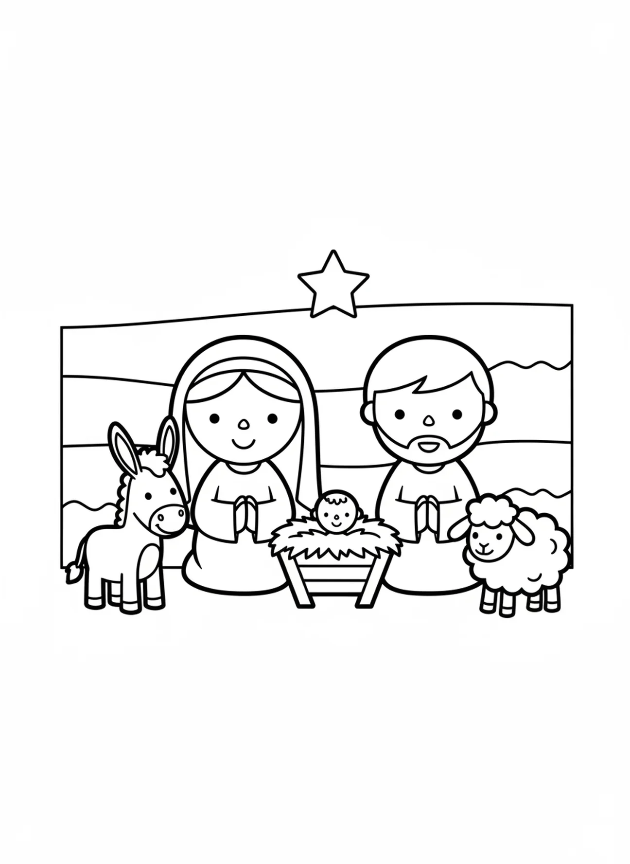 Maria und Josef mit dem Baby Jesus, Ausmalbild von Bethlehem für Vorschulkinder im Alter von 3-5 Jahren