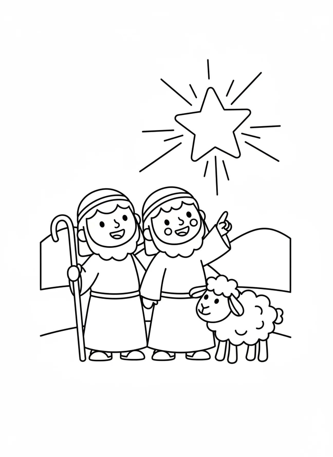Zwei lächelnde Hirten, Ausmalbild von Bethlehem für Vorschulkinder im Alter von 3-5 Jahren