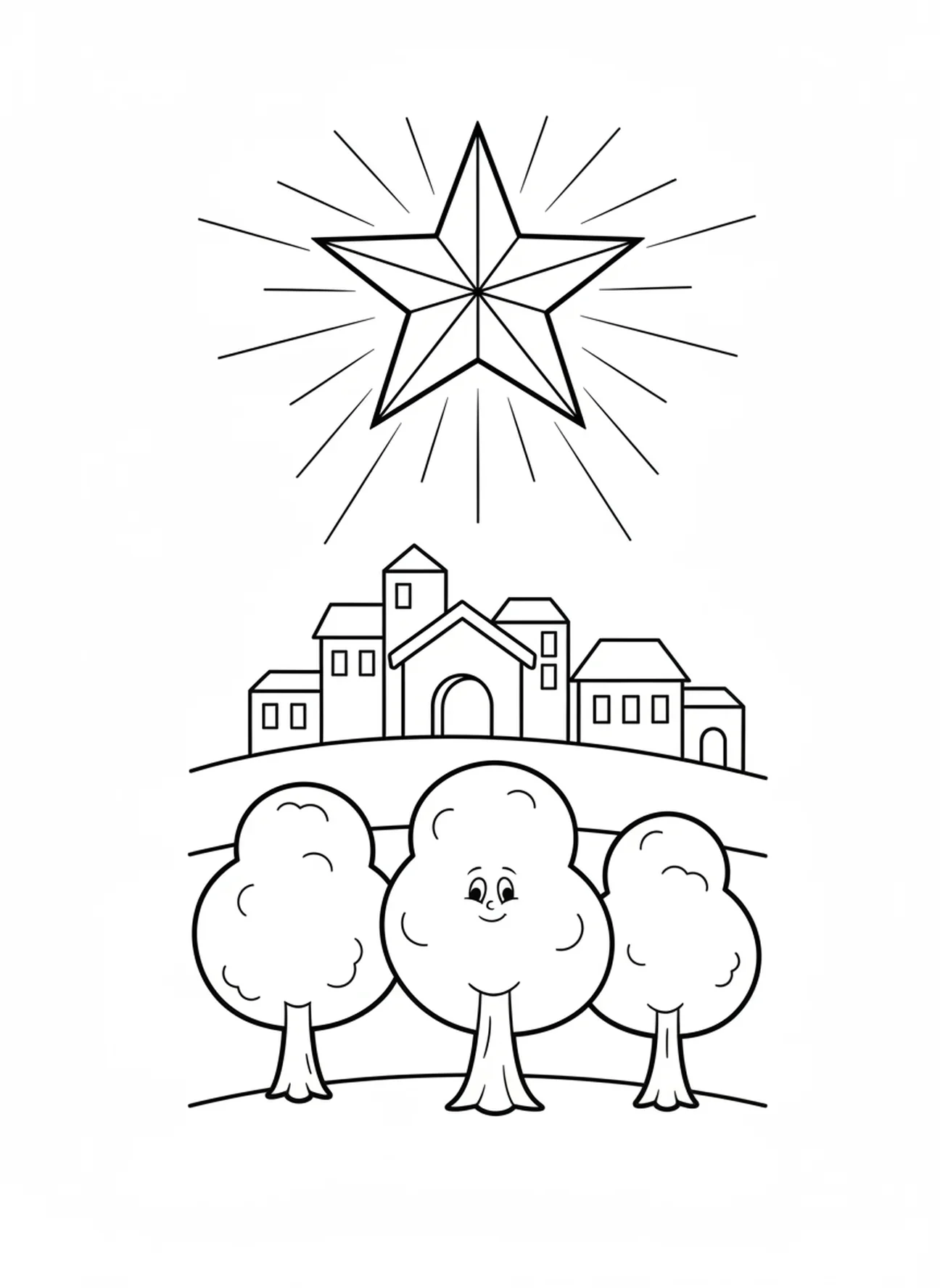 Leuchtender Stern über Bethlehem, Ausmalbild von Bethlehem für Vorschulkinder im Alter von 3-5 Jahren
