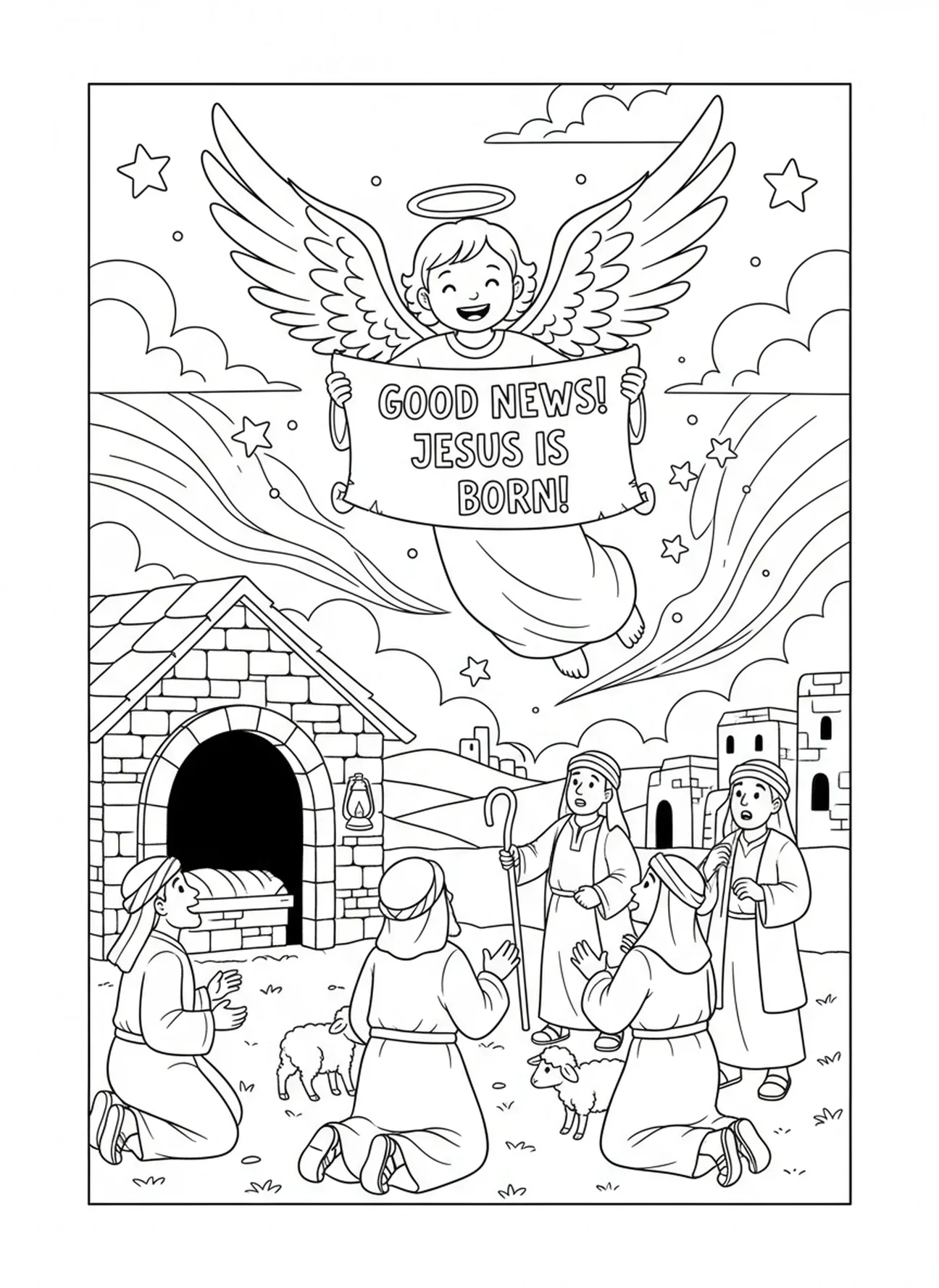 Um anjo proclamando boas novas, página para colorir da cidade de Belém para crianças da Escola Dominical de 5 a 12 anos