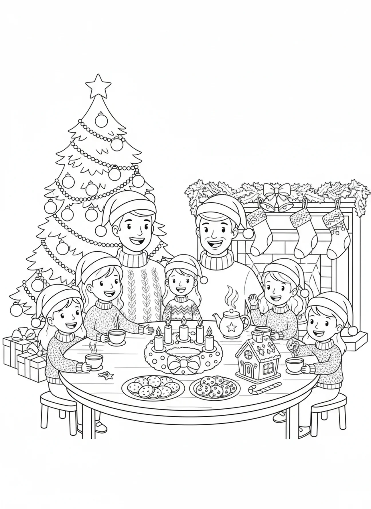 Famille célébrant la veille de Noël, page à colorier sur les bougies de l'Avent pour les enfants de 5 à 10 ans.