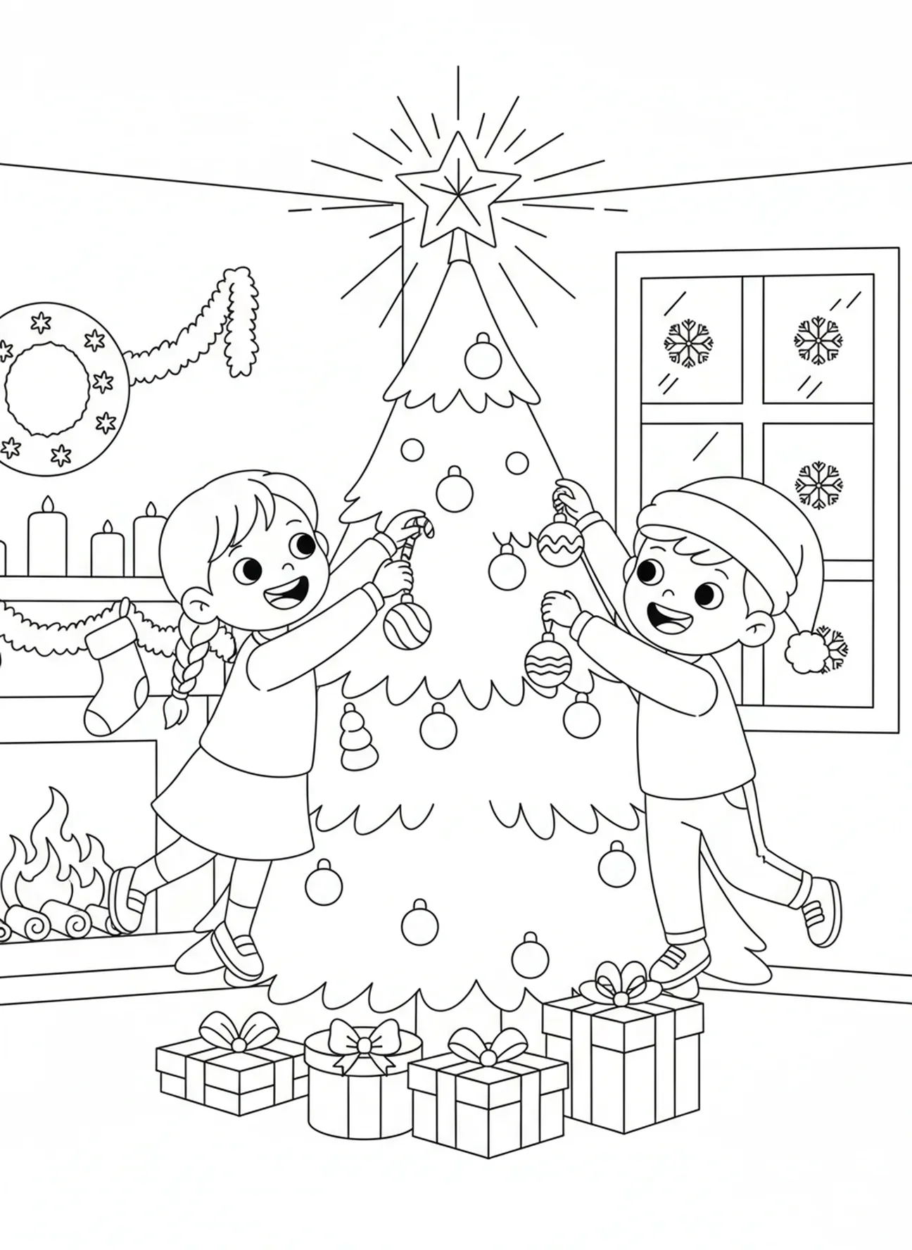 Enfants décorant un arbre, page à colorier de l'Avent pour les enfants de 5 à 10 ans.