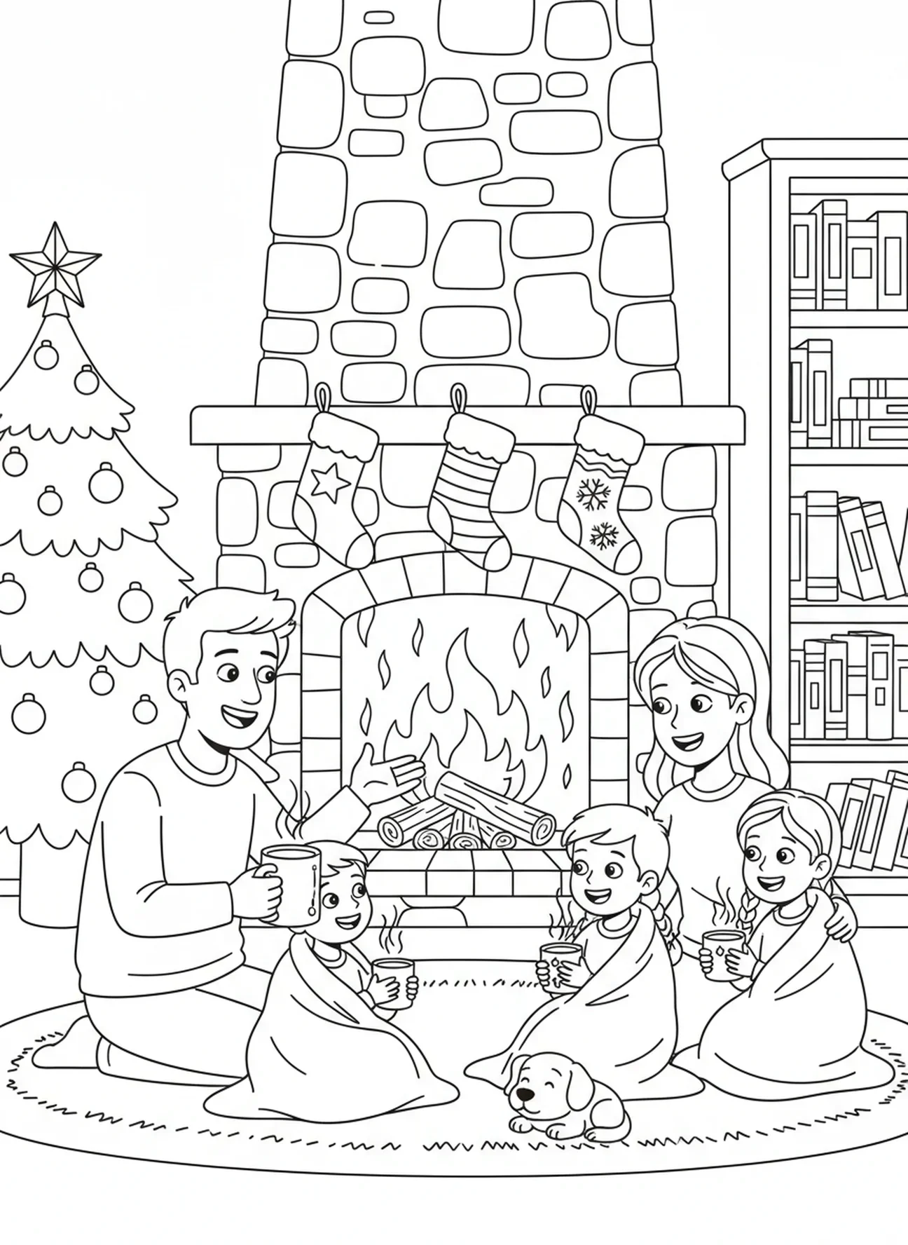Familles autour du feu, page de coloriage de l'Avent pour enfants de 5 à 10 ans.