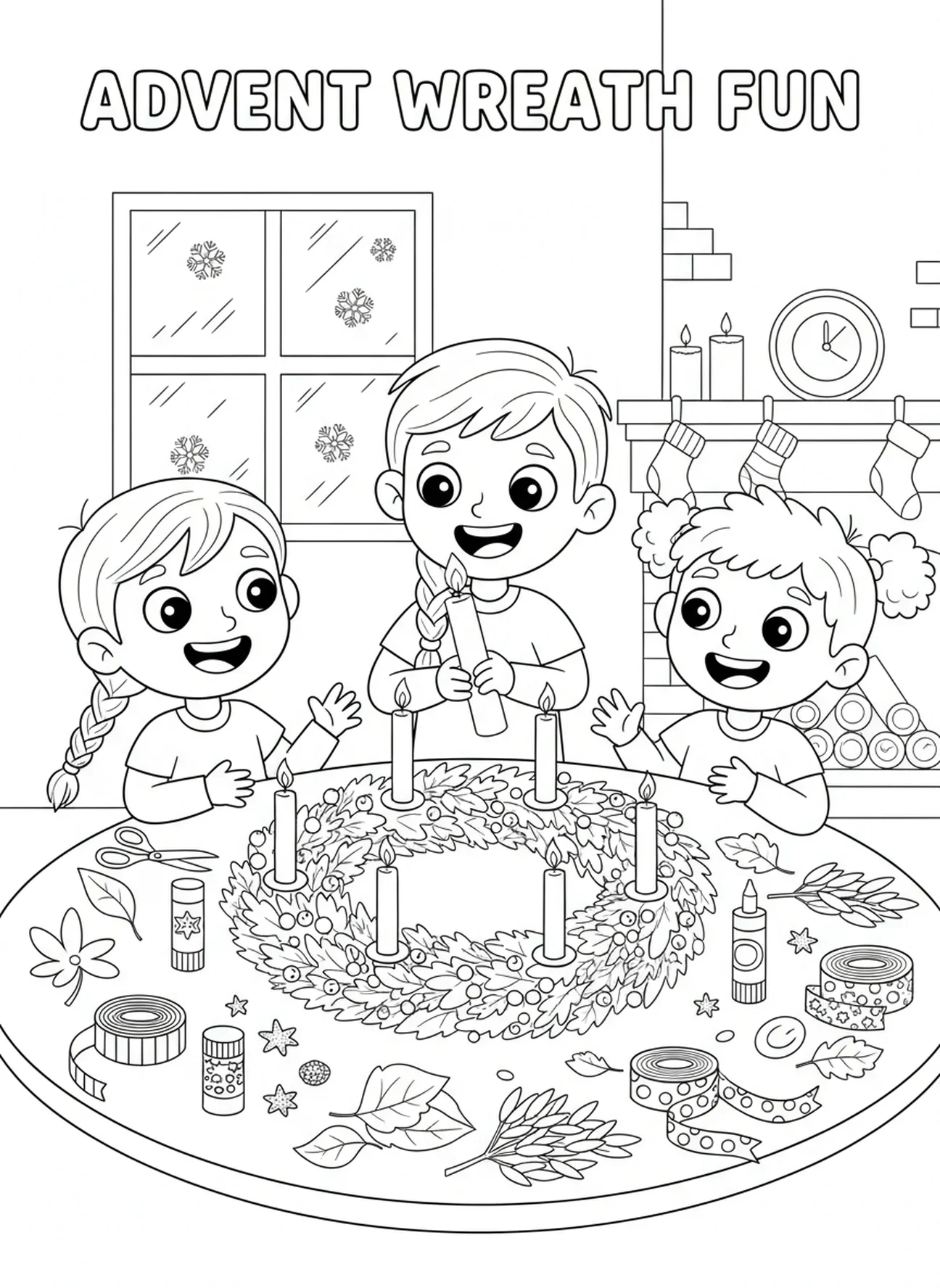 Enfants fabriquant une couronne de l'Avent, page à colorier sur les bougies de l'Avent pour les enfants de 5 à 10 ans.