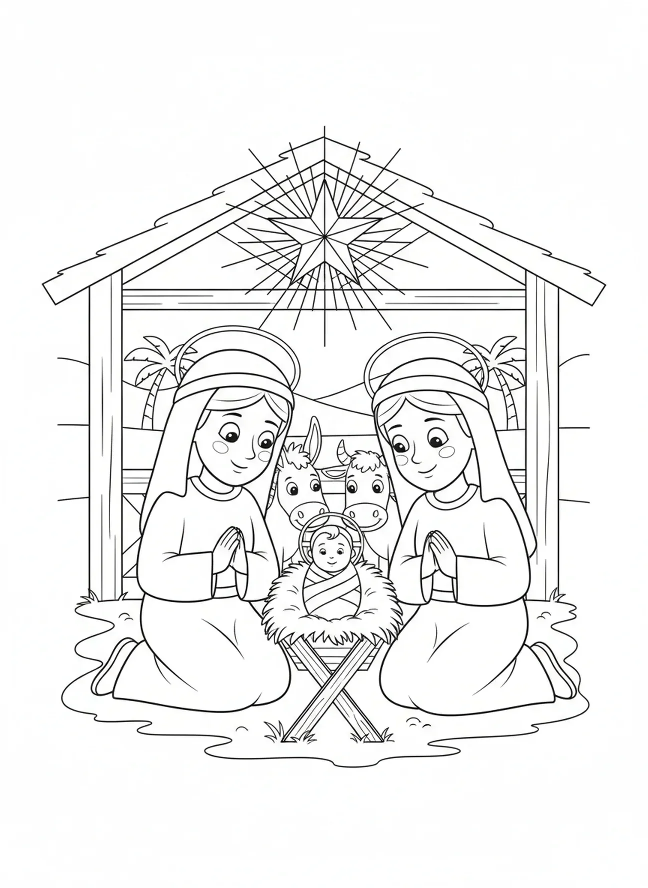 Maria e José, página para colorir dos Anjos de Natal para crianças de 5 a 10 anos