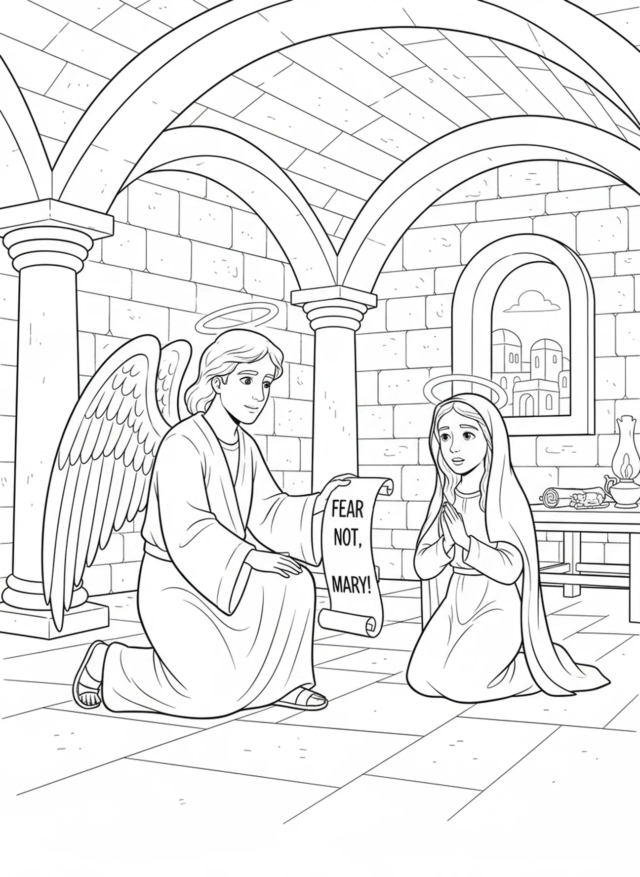 L'ange Gabriel visitant Marie, page à colorier d'anges de Noël pour les enfants de l'École du dimanche âgés de 5 à 12 ans