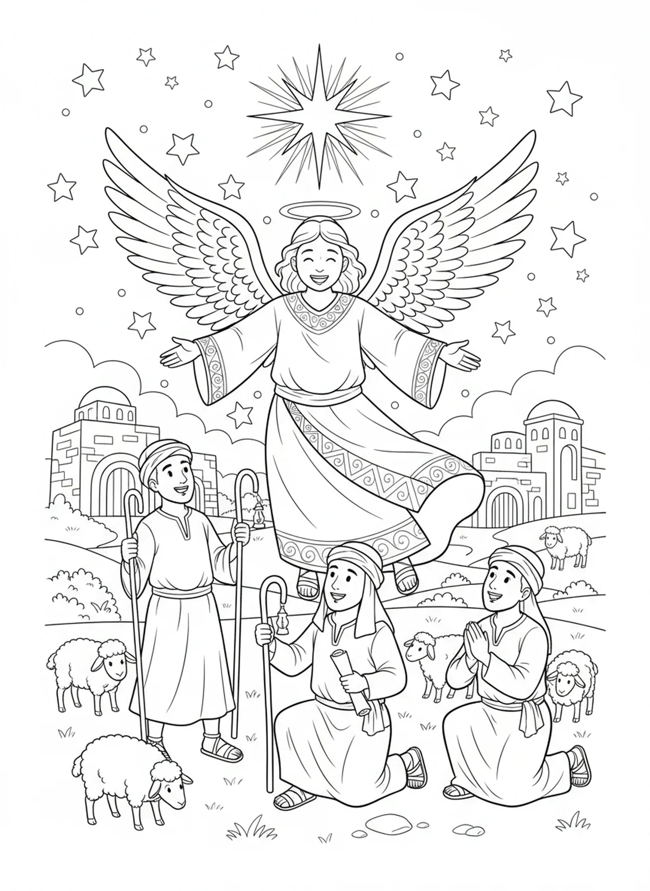 Ange joyeux, page à colorier des anges de Noël pour les enfants de l'École du dimanche âgés de 5 à 12 ans