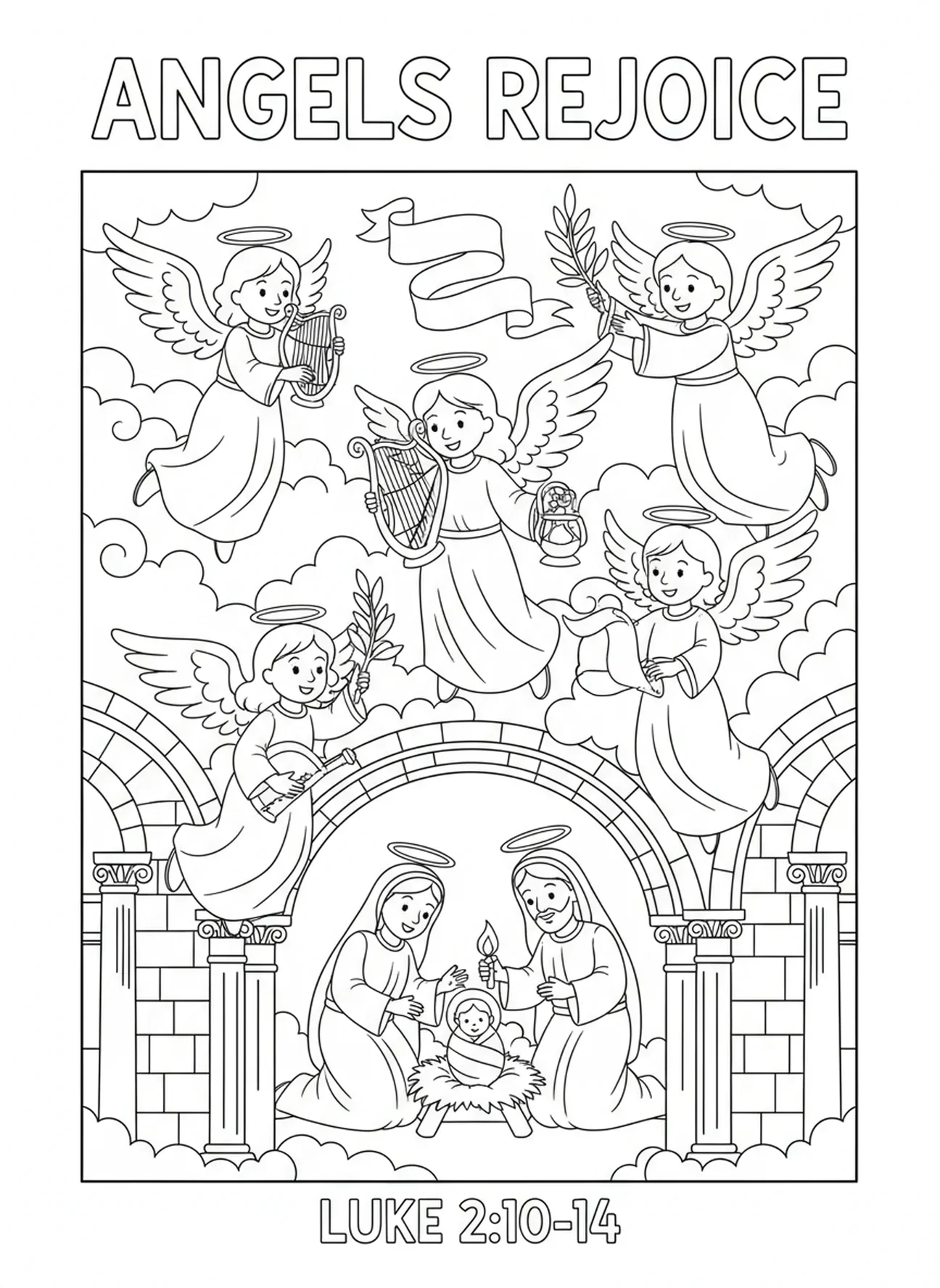 Anges se réjouissant au ciel, page à colorier d'Anges de Noël pour les enfants de l'École du dimanche âgés de 5 à 12 ans