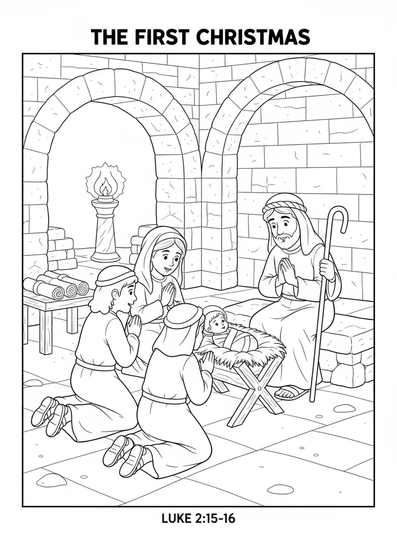 Bergers à genoux, page à colorier des Anges de Noël pour les enfants de l'École du dimanche âgés de 5 à 12 ans