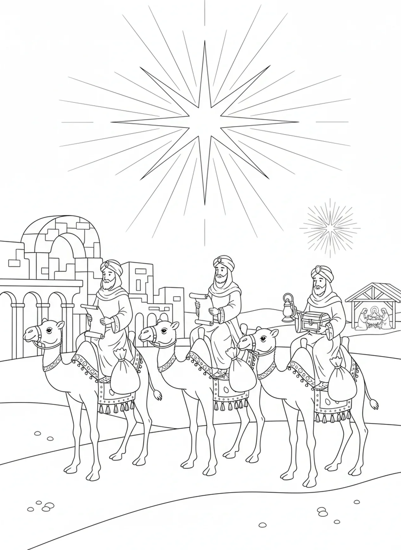 Trois rois mages, page à colorier des anges de Noël pour les enfants de l'École du dimanche âgés de 5 à 12 ans