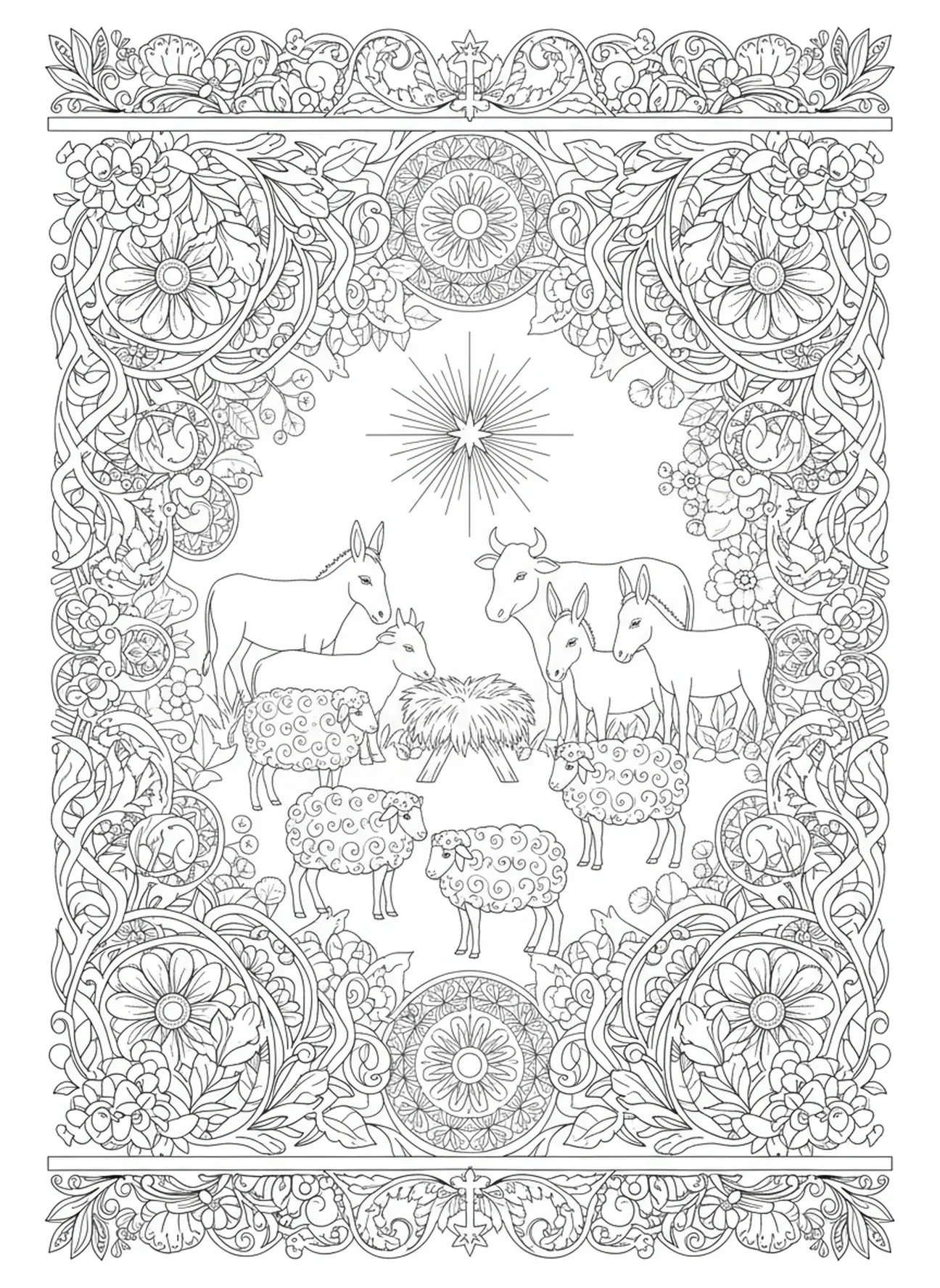 Tiere versammeln sich um die Krippe, Ausmalbild zur Weihnachtskrippe für Erwachsene im Stil des Bibeljournaling.