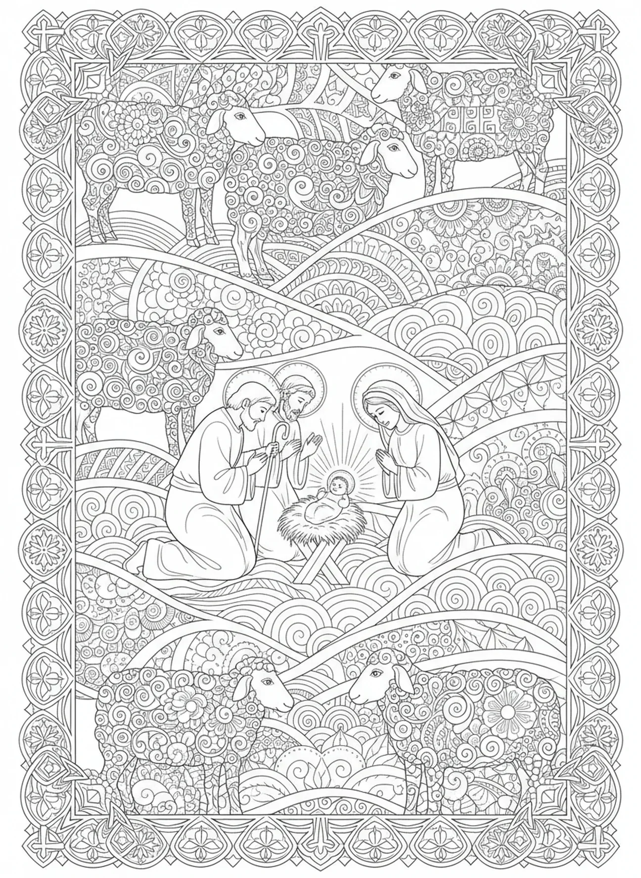 Hirten besuchen die Krippe, Ausmalbild zur Weihnachtskrippe für Erwachsene im Stil des Bibel-Journalings.