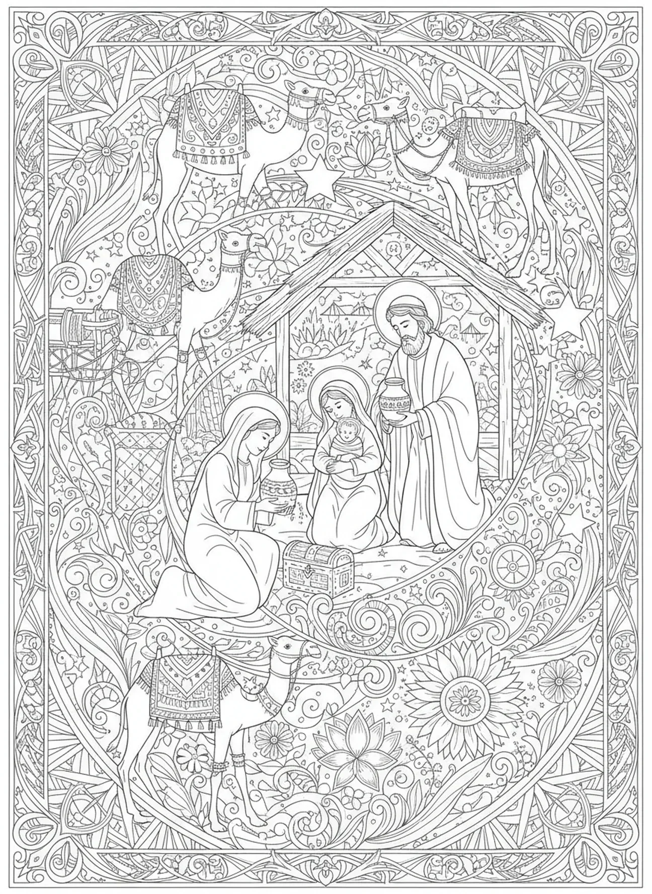 Drei weise Männer bringen Geschenke, Ausmalbild zur Weihnachtskrippe für Erwachsene im Bibel-Journaling-Stil.