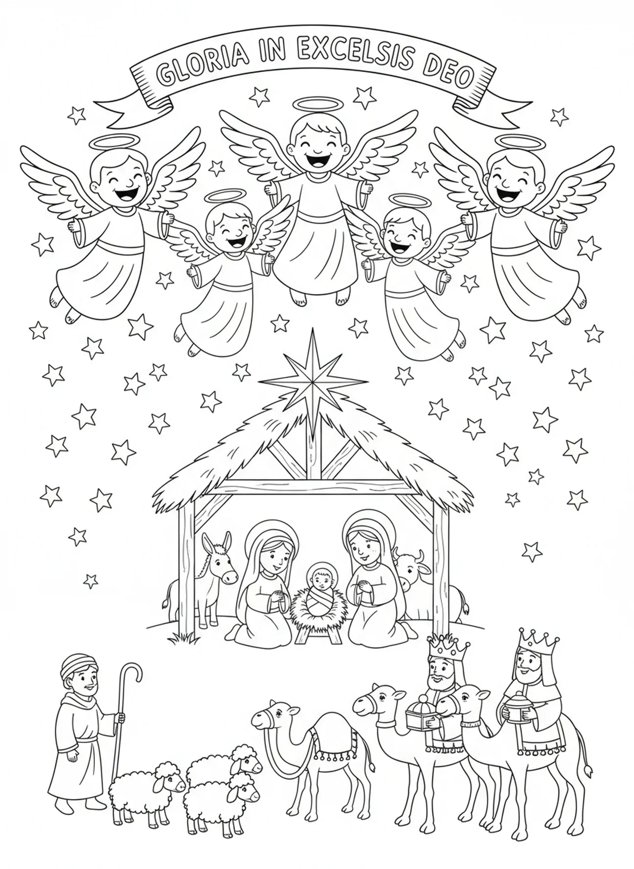 Anjos trazendo alegria, página de colorir do Natal para crianças de 5 a 10 anos