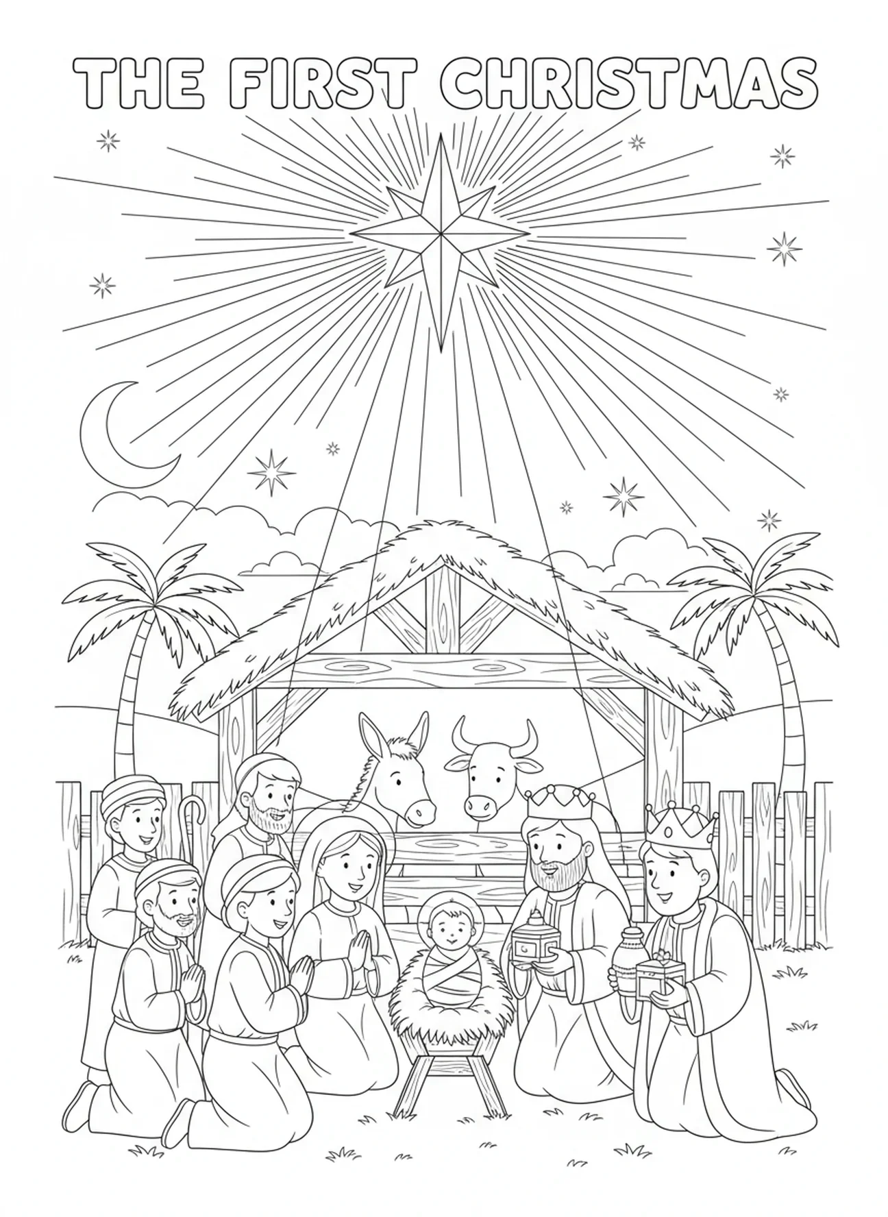 Estrela de Belém brilhando intensamente, página para colorir da cena do Natal para crianças de 5 a 10 anos