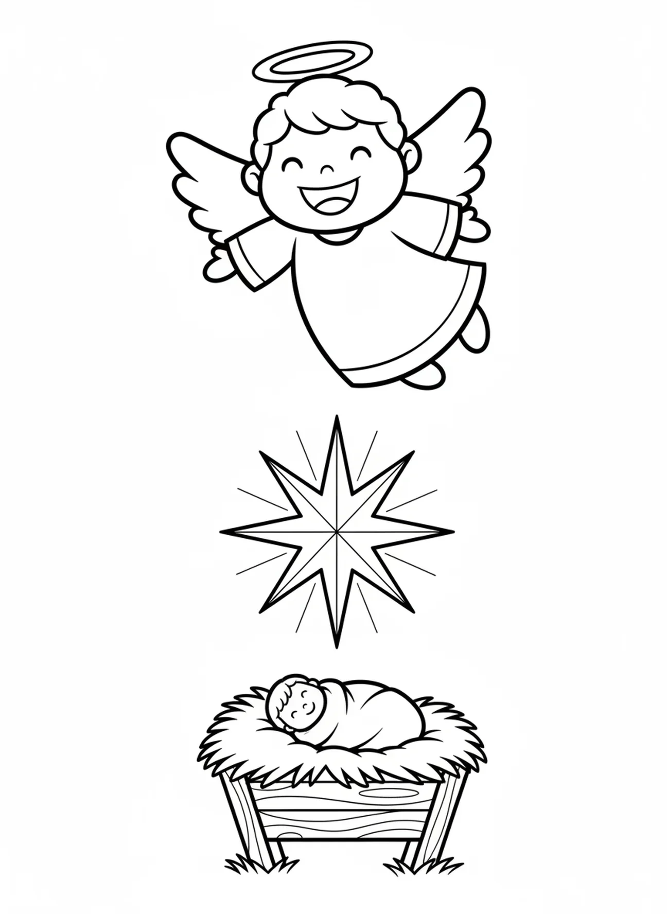 Anjo sorridente anunciando o nascimento de Jesus, página para colorir do Natal para crianças de 3 a 5 anos