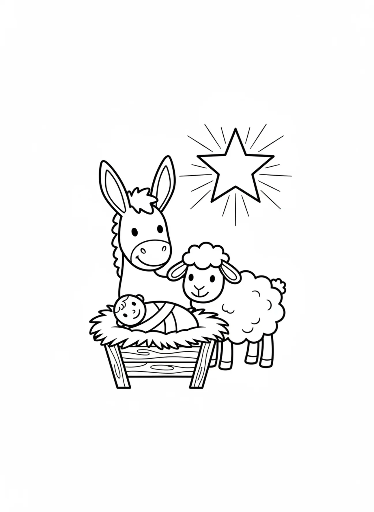 Burro e ovelha ao redor do presépio, página de colorir do Natal para crianças de 3 a 5 anos