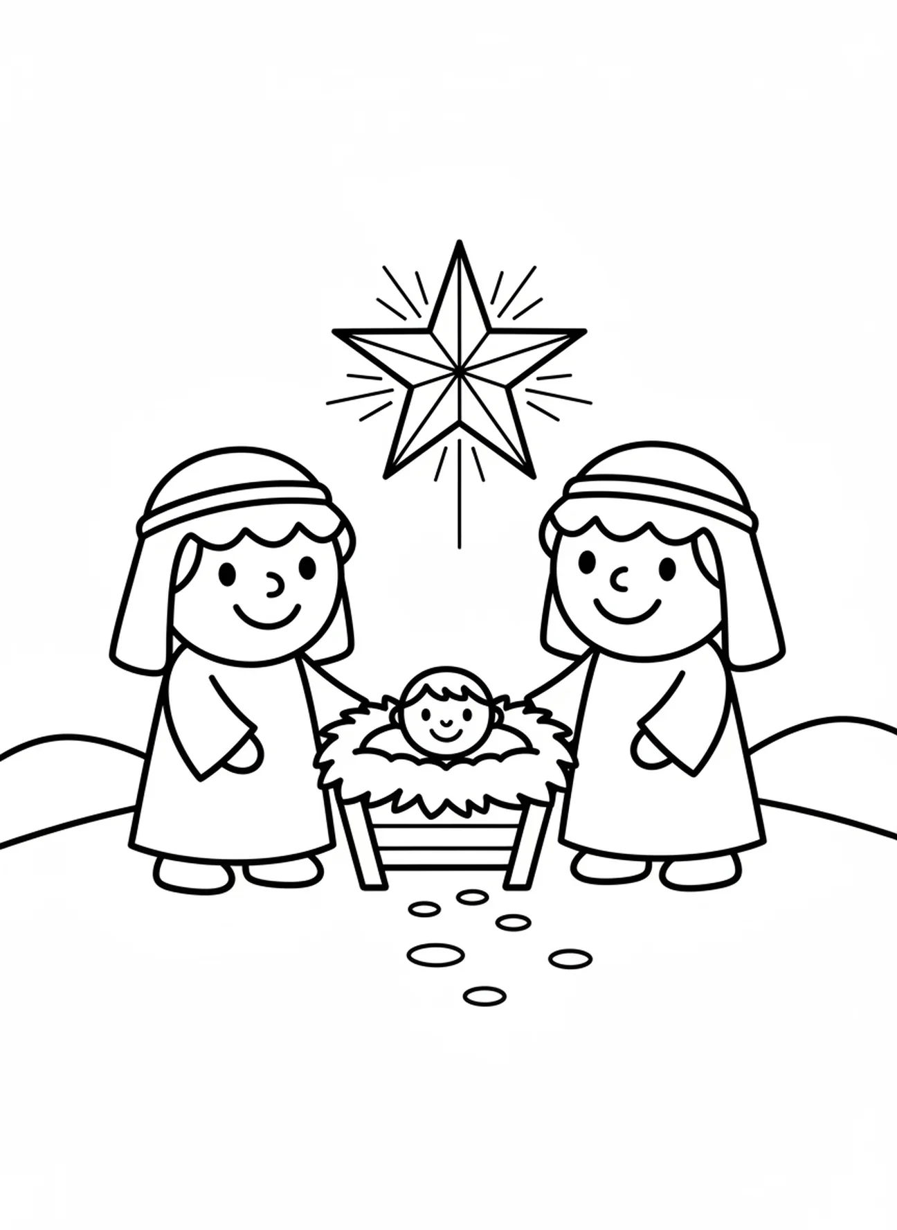 Dois pastores sorridentes visitando o presépio, página de colorir de Natal para crianças de 3 a 5 anos