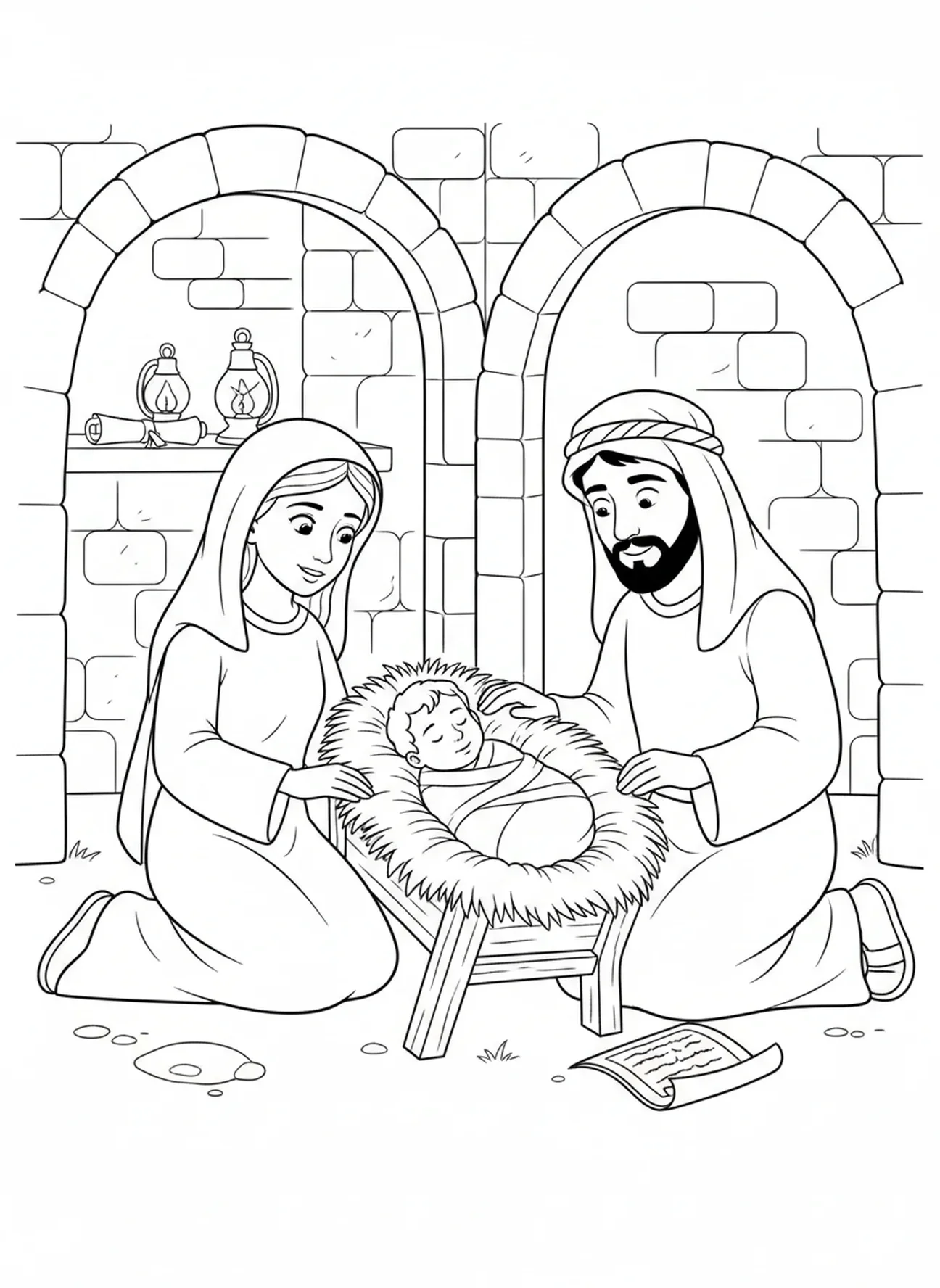 Bebê Jesus na manjedoura, página de colorir da cena de Natal para crianças da Escola Dominical de 5 a 12 anos.