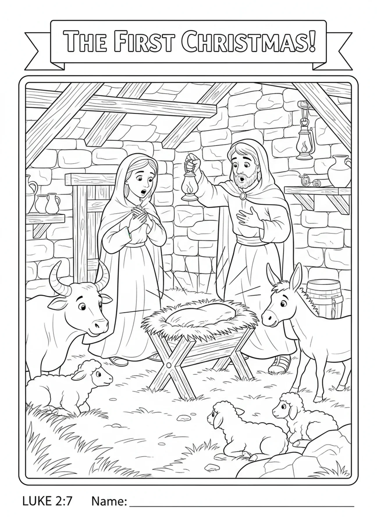 Maria e José encontrando o estábulo, página de colorir da cena de Natal para crianças da Escola Dominical de 5 a 12 anos.