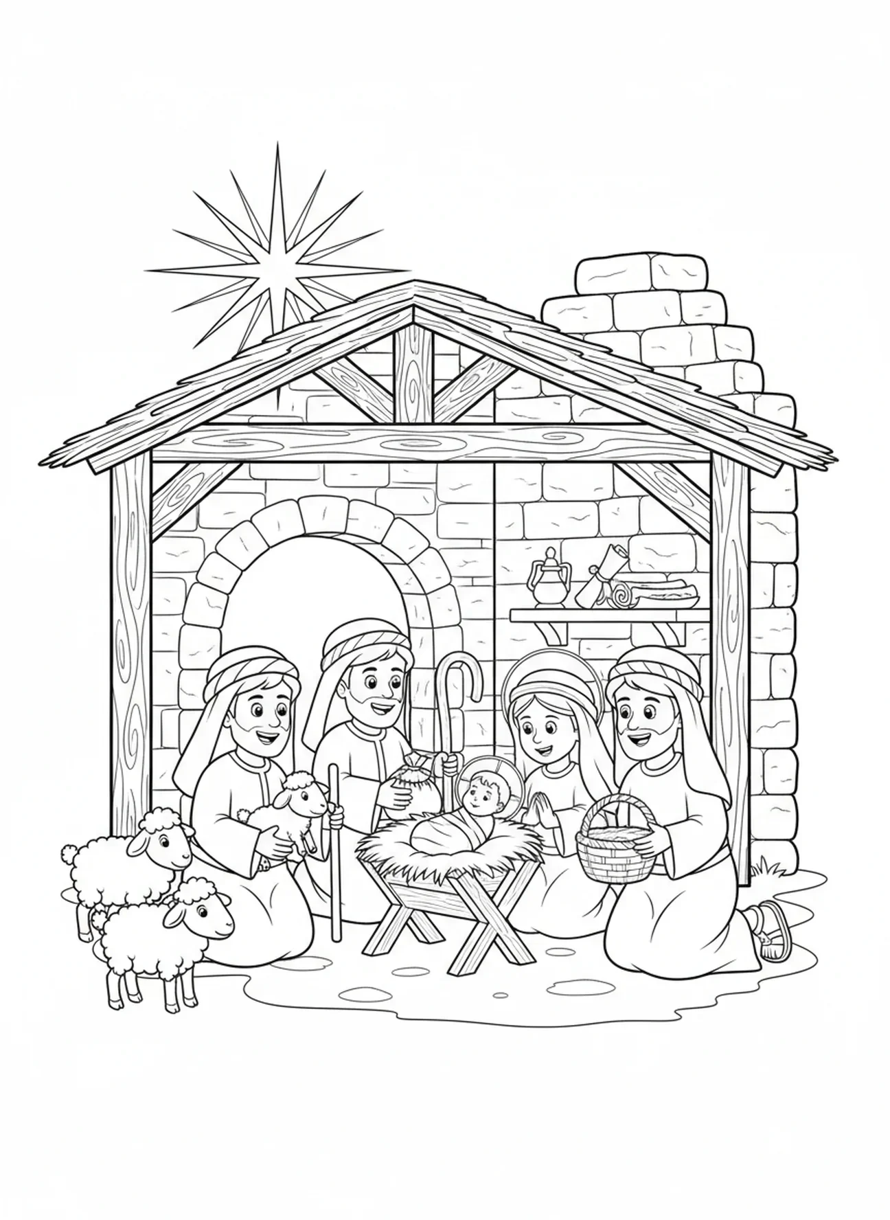 Pastores visitando o Bebê Jesus, página de colorir da cena de Natal para crianças da Escola Dominical de 5 a 12 anos.