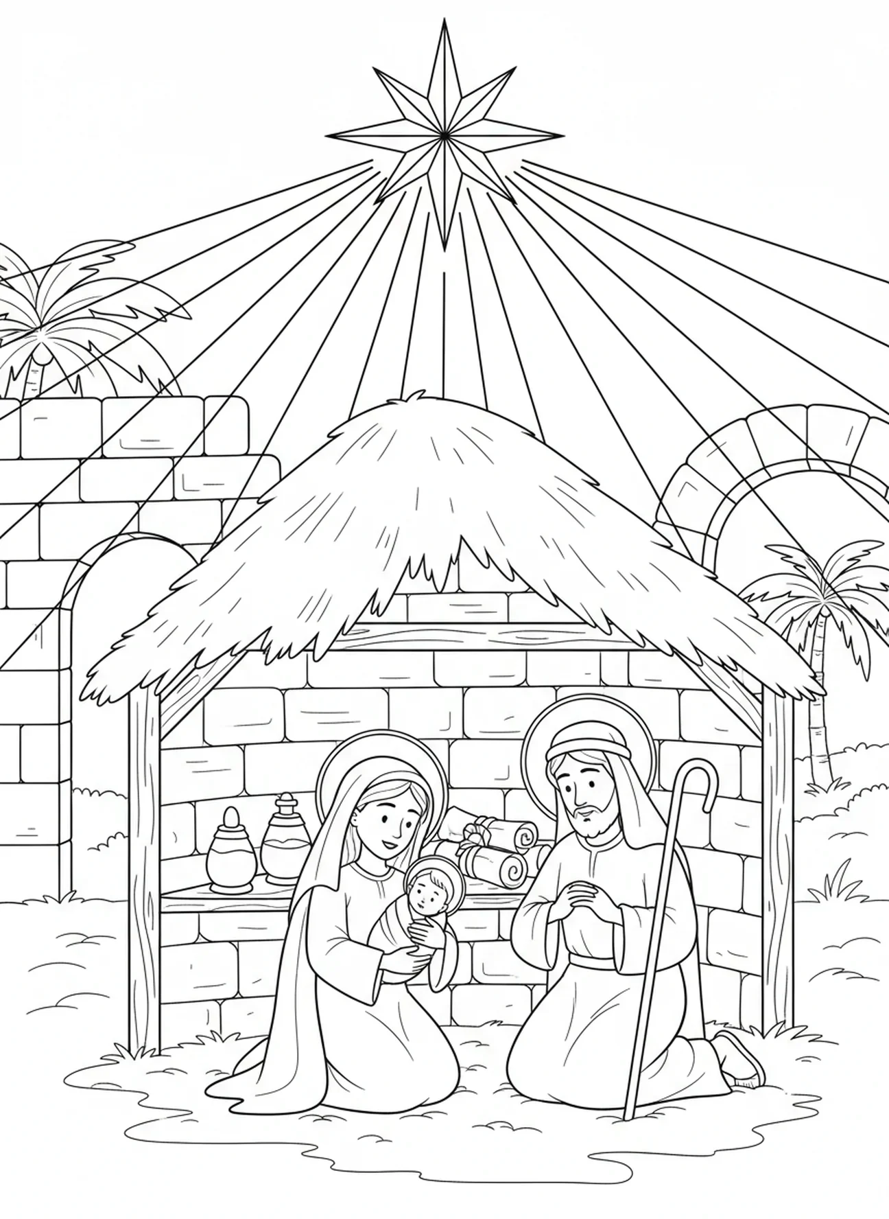 Estrela brilhando sobre o estábulo, página de colorir do Natal para crianças da Escola Dominical de 5 a 12 anos.