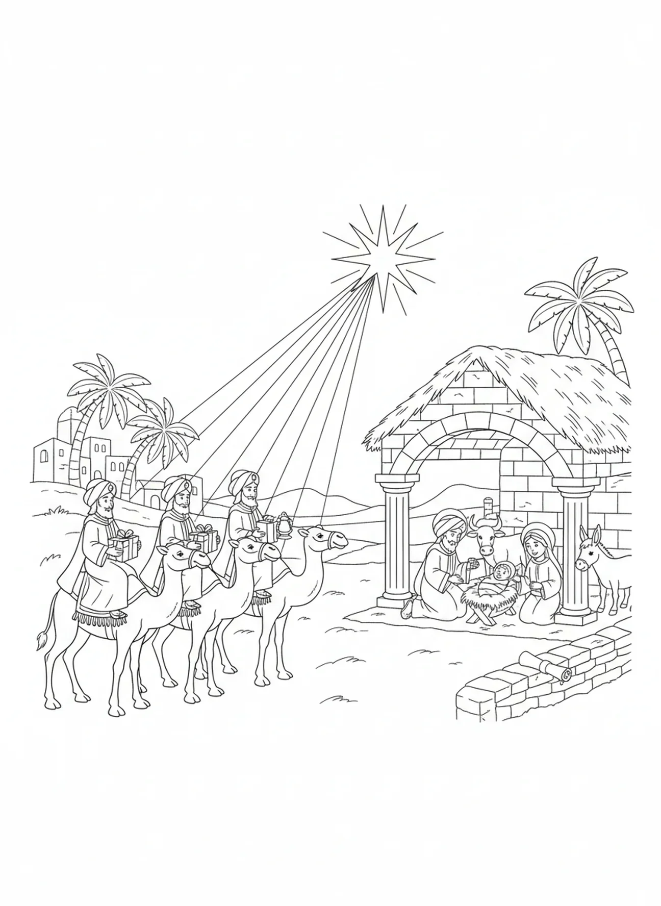 Três Reis Magos chegando com presentes, página para colorir do Natal para crianças da Escola Dominical de 5 a 12 anos.