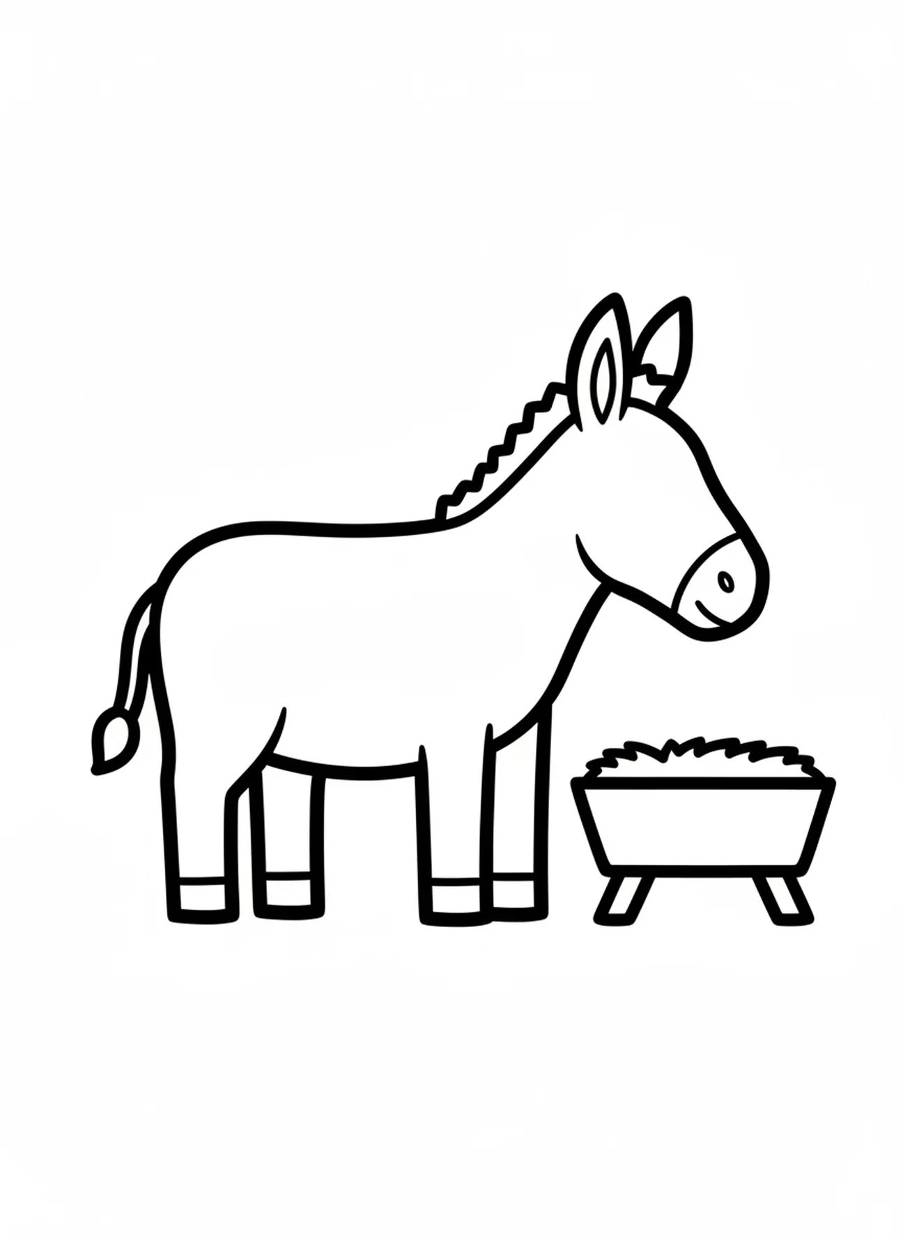 Burro ao lado da manjedoura, página de colorir do Natal para crianças de 2 a 3 anos.